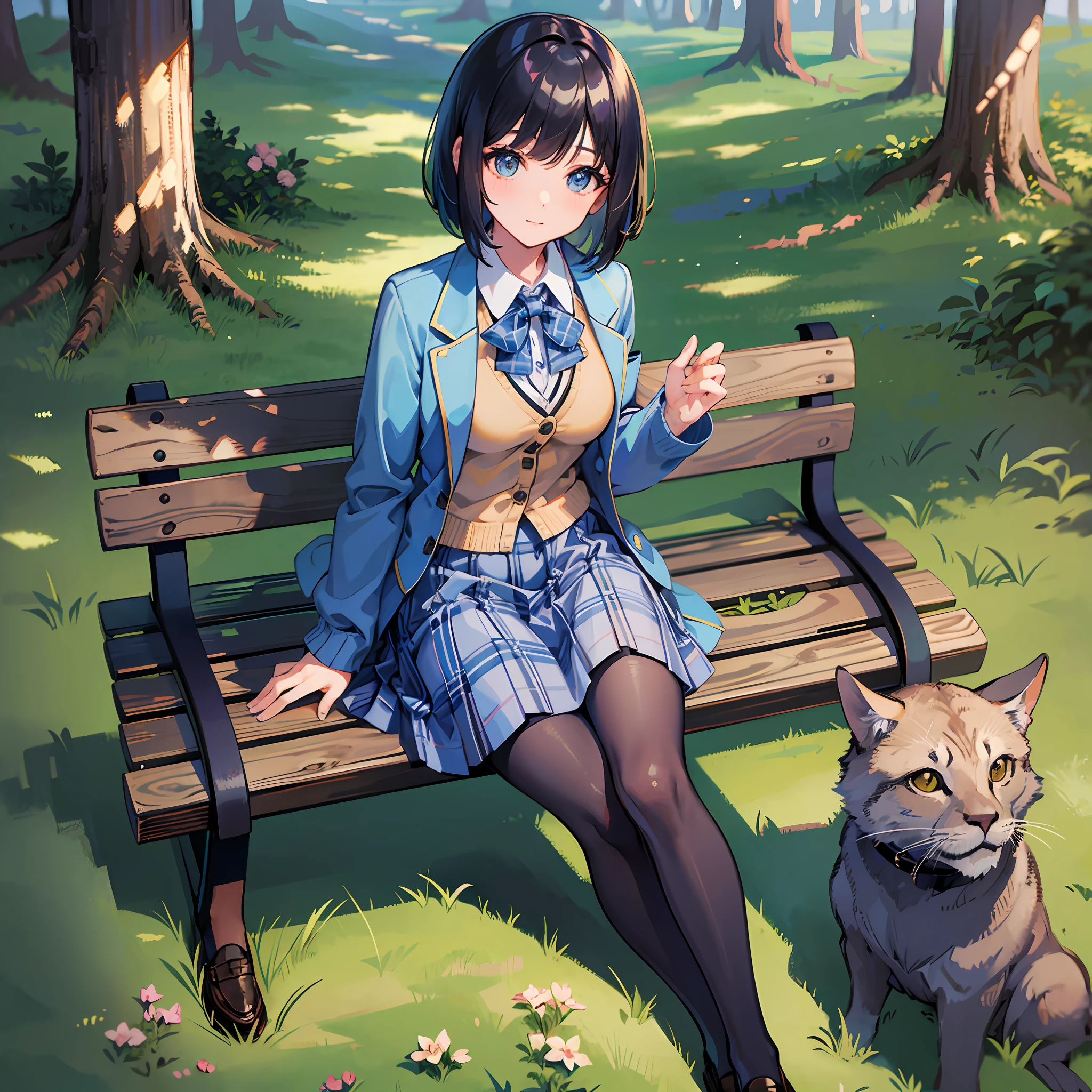 1 girl, forest, sitting on a bench, IOM, beautiful eyes bob cut, medium hair, side bangs, side locks, uniform, blue plaid skirt, yellow cardigan, pantyhose, loafers, medium breasts, sitting, watching the viewer, from above, anime --auto --s2