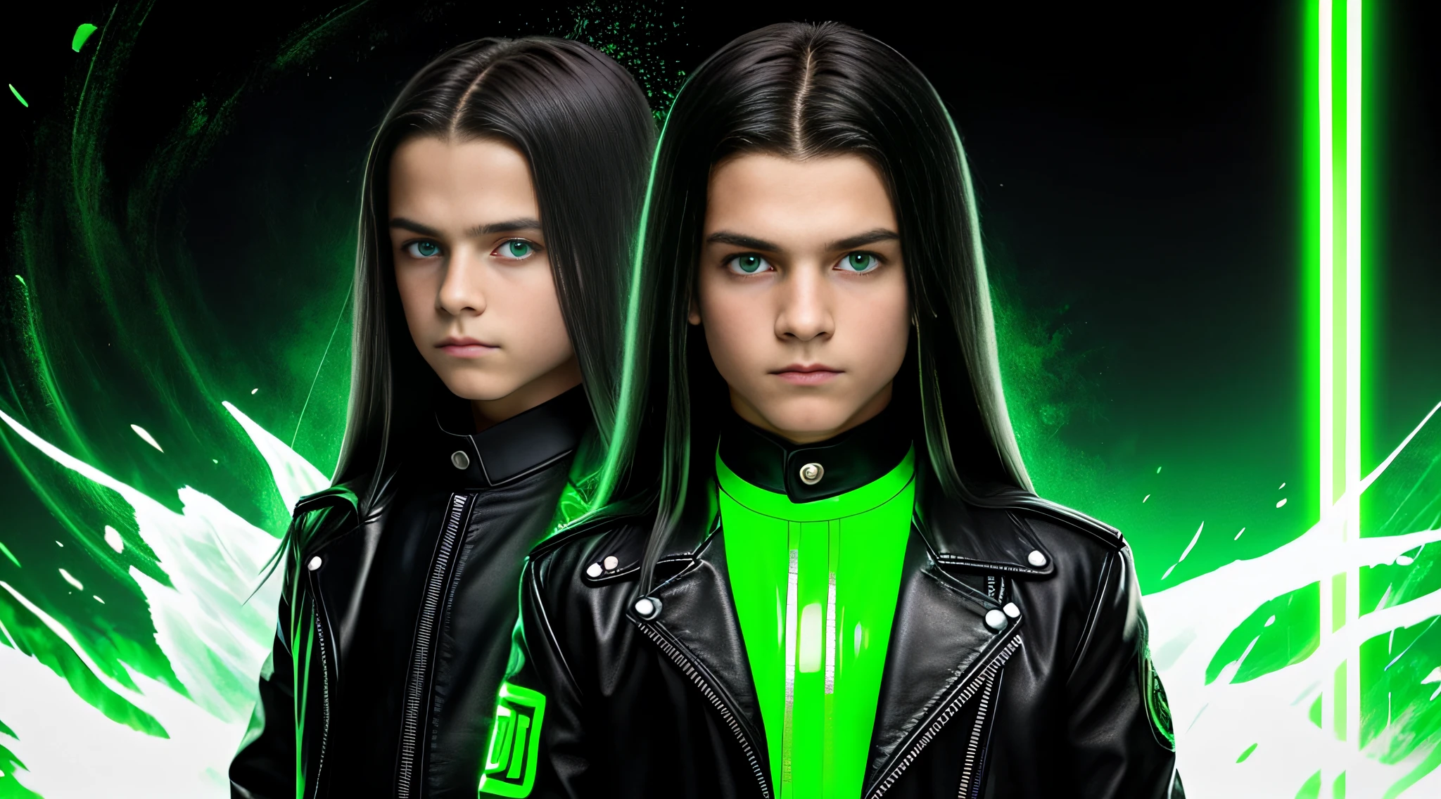 Russian children boys 10 years old WITH LONG STRAIGHT HAIR dark, PORTRAIT STYLE, black leather jacket that are holding a lamp, promotional image, promotional image, promotional image, promotional art, next gen, bright green, green glow, TV show, bright green eyes, key art, Green Glow, neon green, supernatural green eyes, photo render, enigmatic!!, Color yet, Rendered image