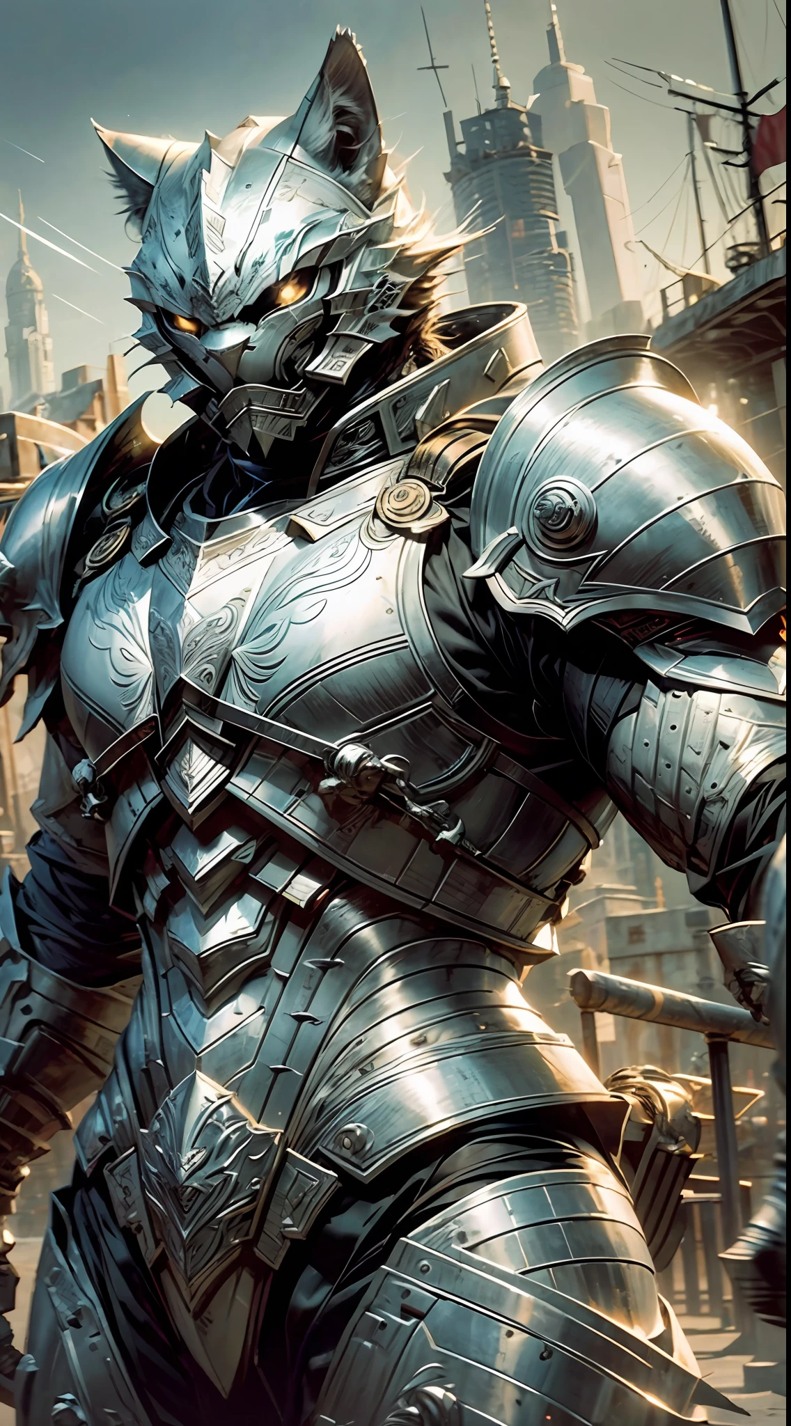 "A cinematic shot of a silver armored warrior cat, with expertly crafted heavy armor that glints in the cinematic lighting."