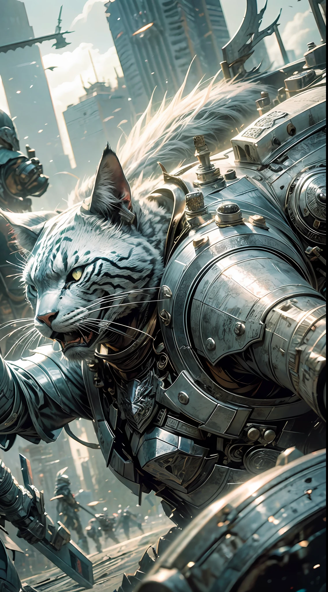 "A cinematic shot of a silver armored warrior cat, with expertly crafted heavy armor that glints in the cinematic lighting."