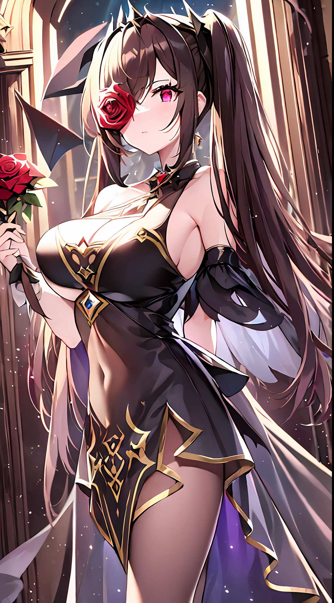 masterpiece, best quality, high resolution, 1girl, solo, requiem roana (epic seven), dark brown hair, ponytails, dark brown dress, semi-transparence dress, ghots opera dress, FlowerOverEye, red rose eye, gray eye, sadness expression big breast, spirit staff, lifeless eyes, cry, lifeless background