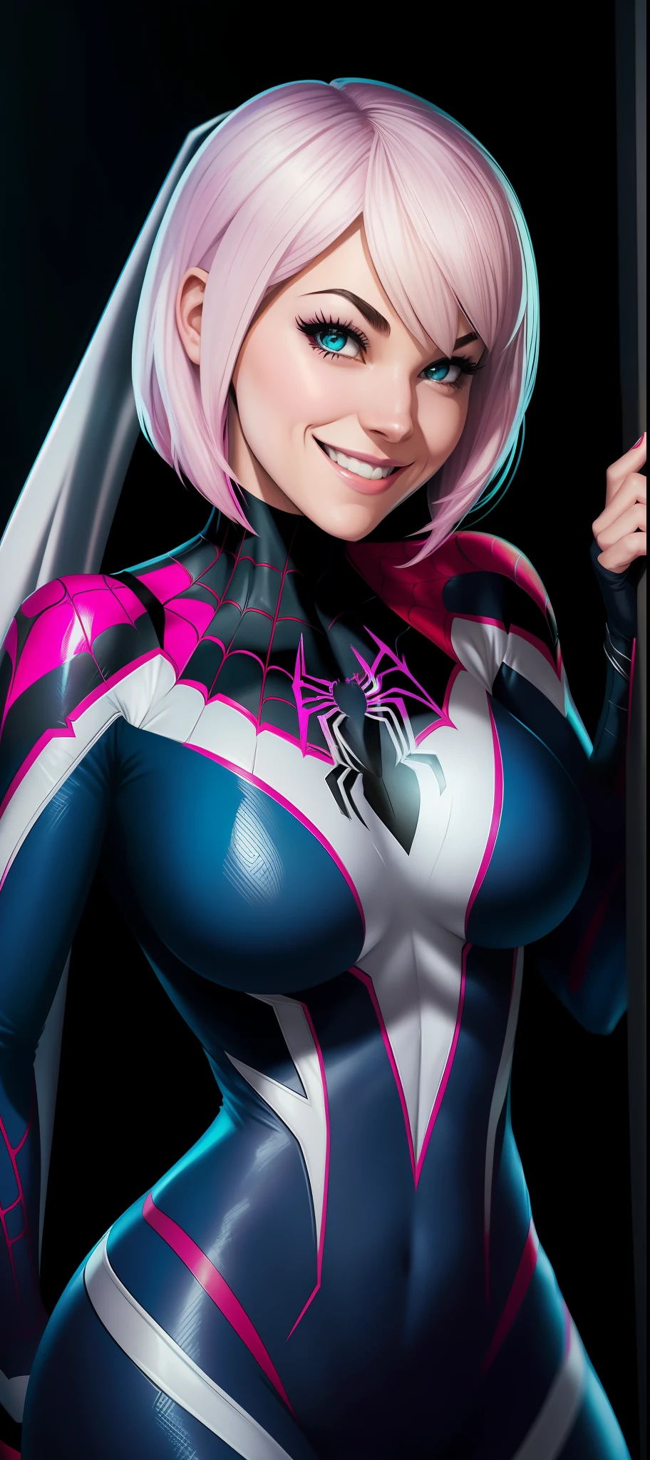 Comic portrait of Spider-gwen smiling, funny. Cinematic style, Marvel character, Hot body, sexy, sensual, Nice boobs, Glowing, realistic textures. Background in Comic style.