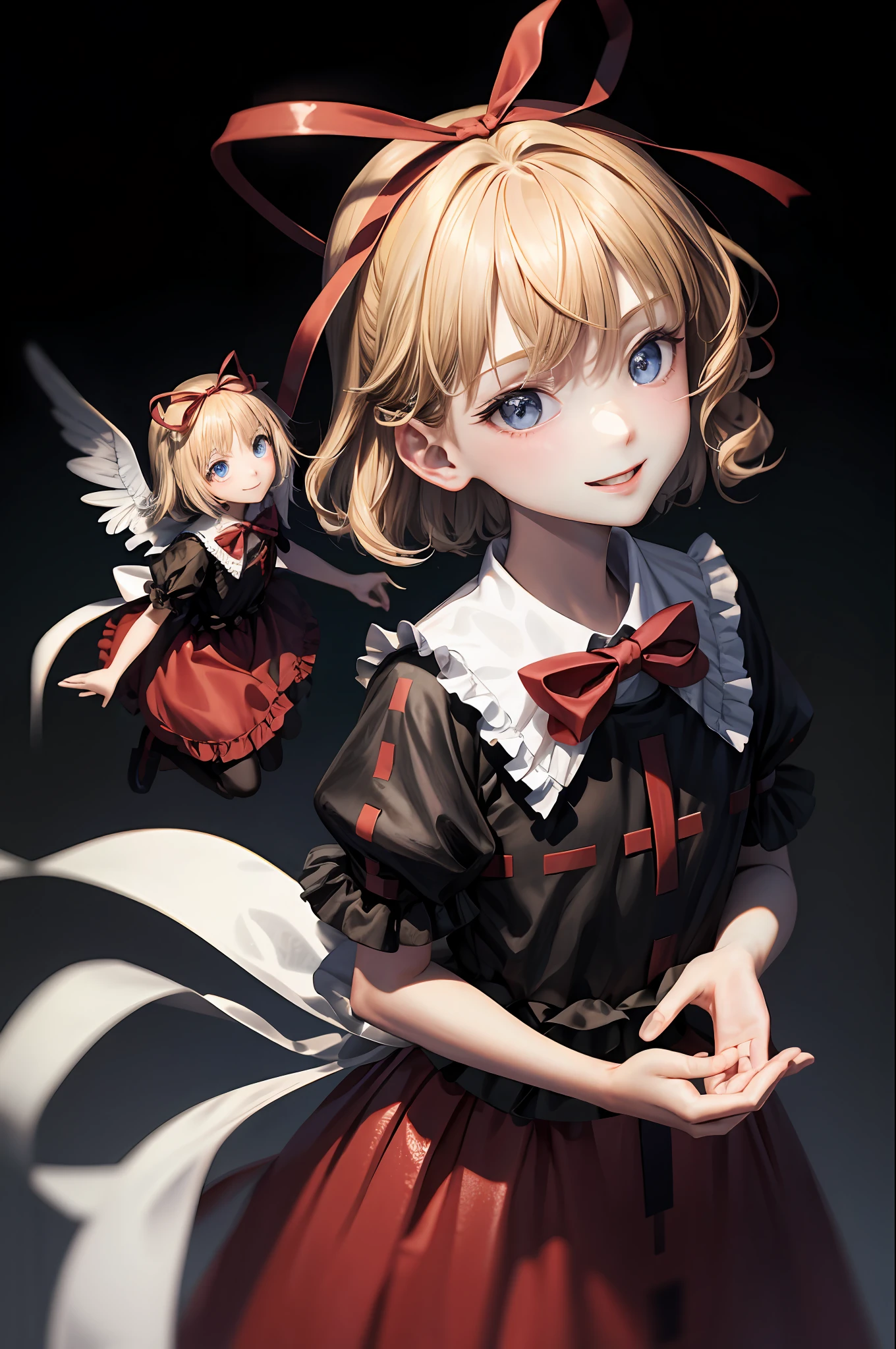 masterpiece, best quality,   (su-san:1),wings,1girl,smile, blonde hair, short hair,ribbon,blue eyes,black shirt,red skirt,bow,grey background,