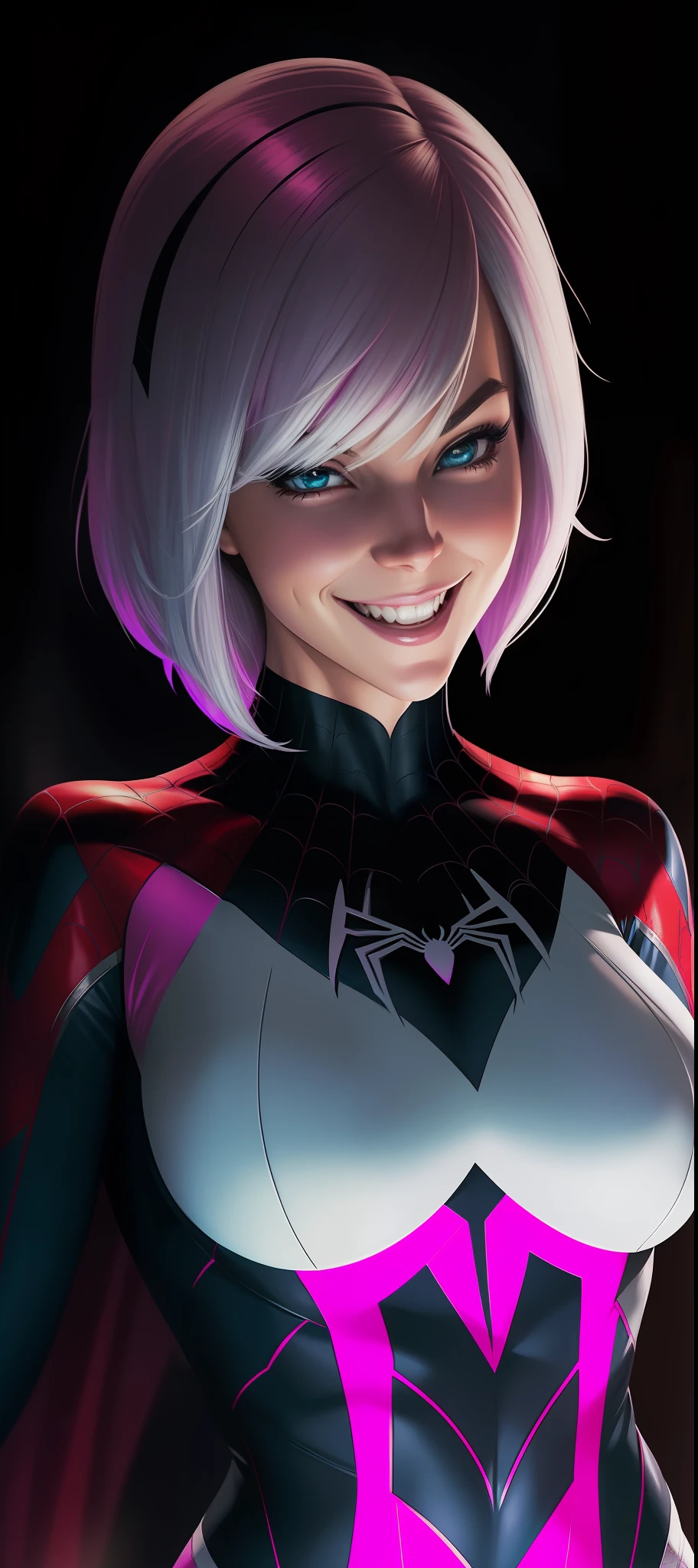 Comic portrait of Spider-gwen smiling, funny. Cinematic style, Marvel character, Hot body, sexy, sensual, Nice boobs, Glowing, realistic textures. Background in Comic style.