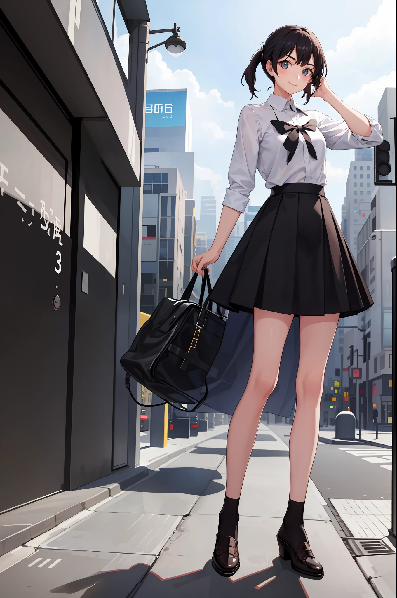 1 girl, smile, shirt, skirt, (small)