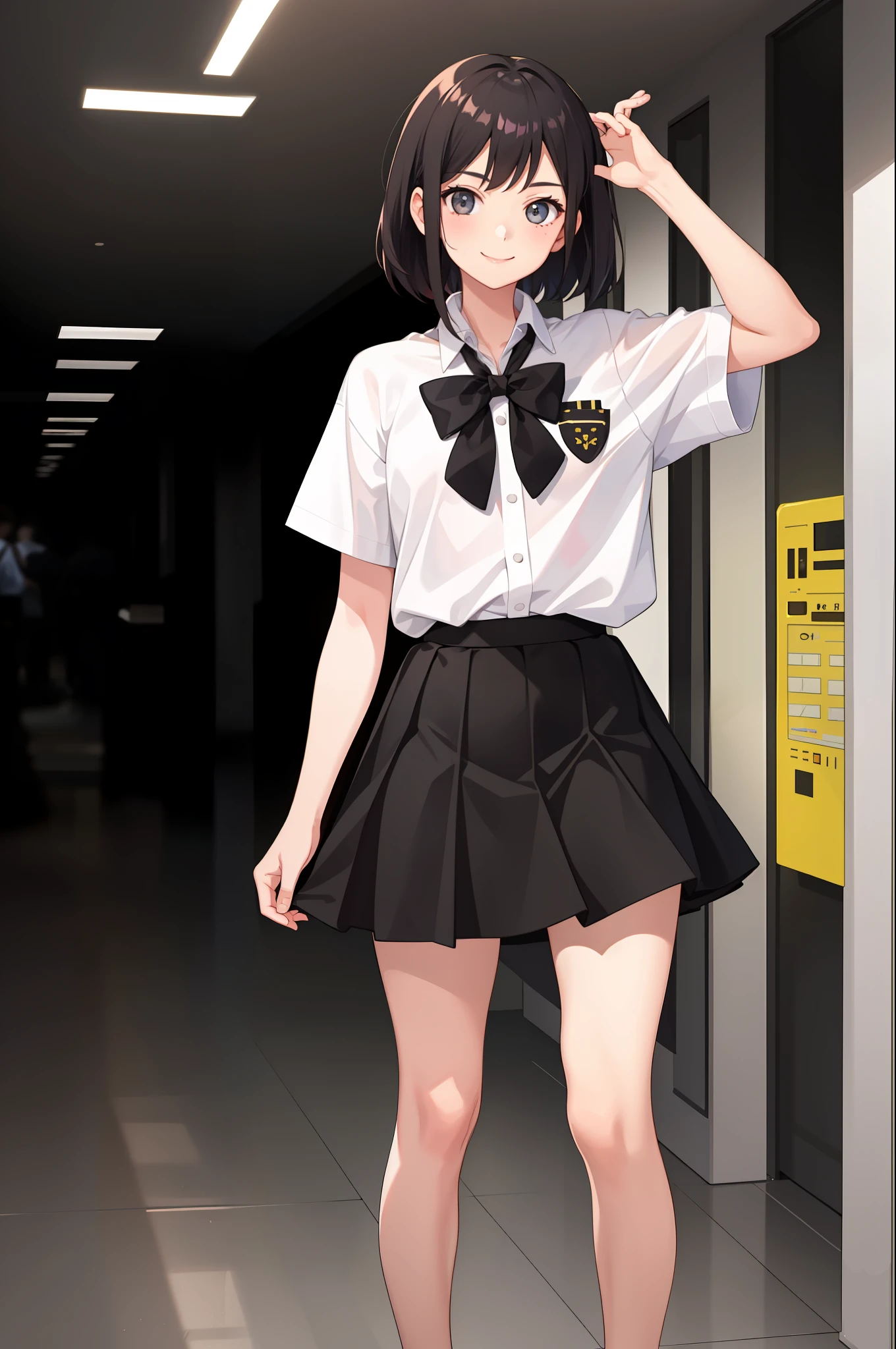 1 girl, smile, shirt, skirt, (small)