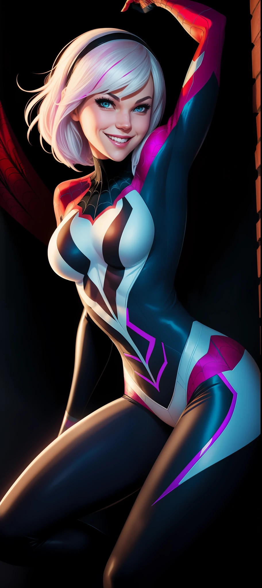 Comic portrait of Spider-gwen smiling, funny. Cinematic style, Marvel character, Hot body, sexy, sensual, Nice boobs, Glowing, realistic textures. Background in Comic style.