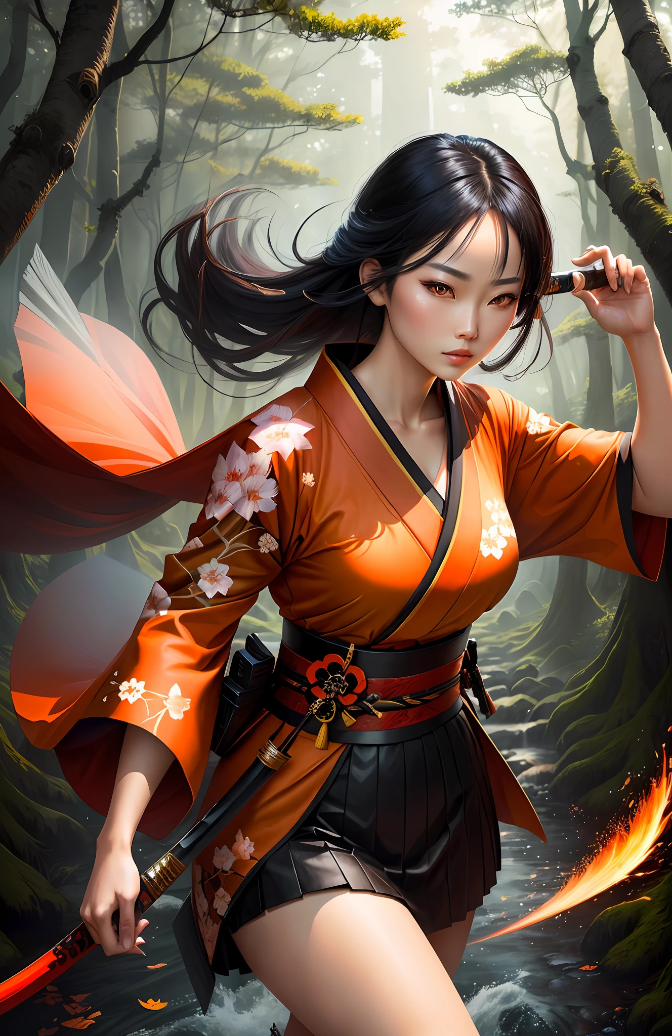 beautiful woman, asian, orange eyes, kimono, katana, effects, fighting, forest landscape, best picture, sharpness, 8k