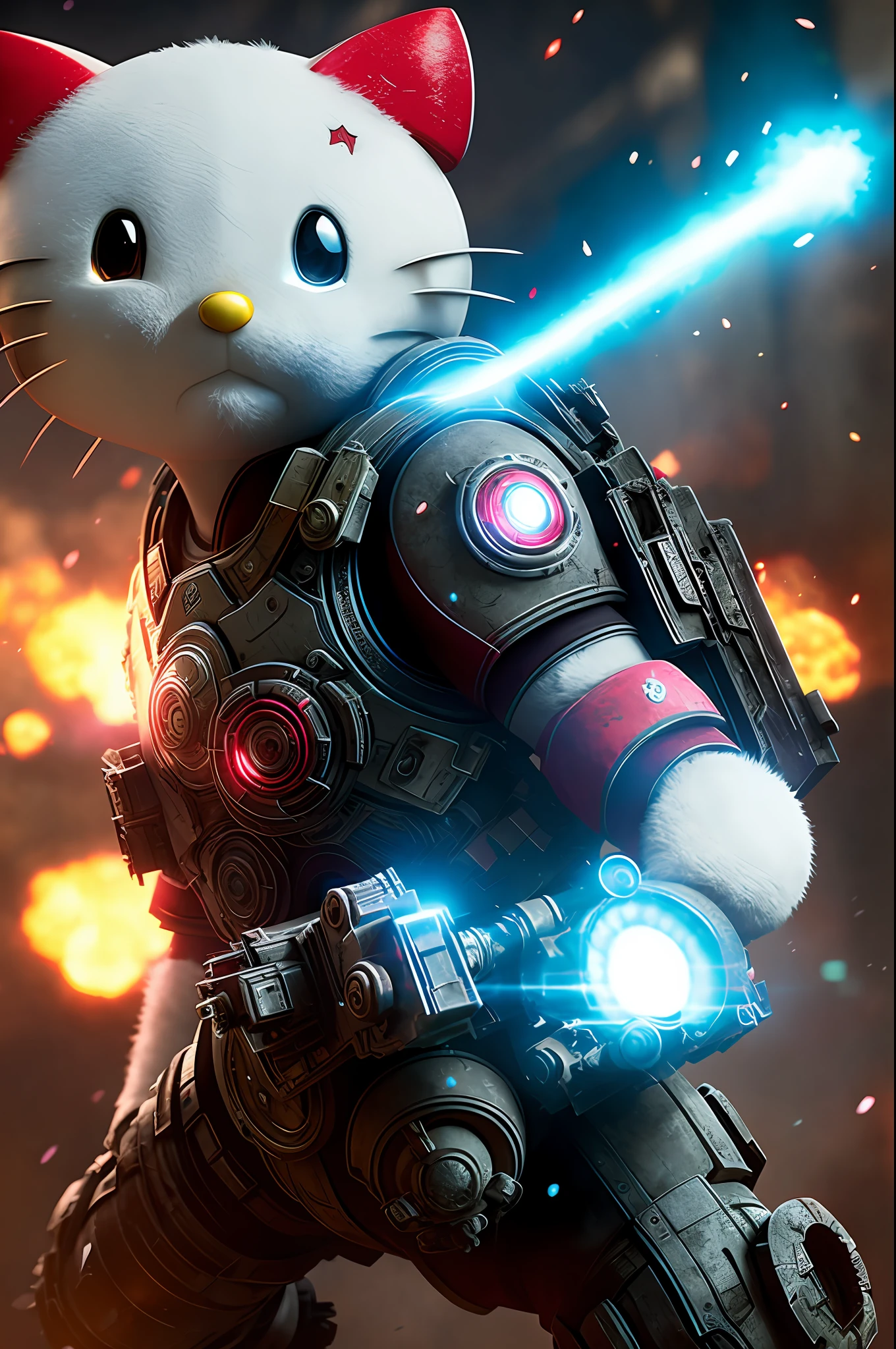 Hello Kitty in Gears of War, splash art, movie still, detailed face, cinematic lighting, color, dramatic, octane render, long lens, shallow depth of field, bokeh, anamorphic lens flare,8k, hyper detailed, 35mm film grain