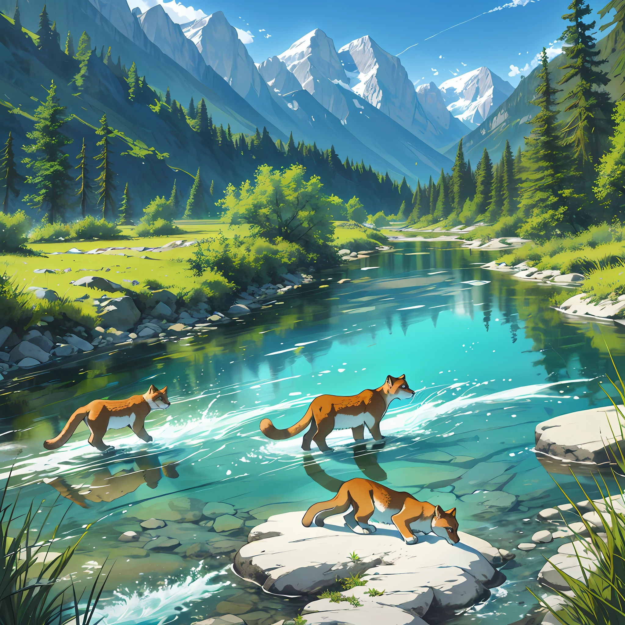 Draw a large river of crystal clear waters passing between the valleys and mountains, with bright colors, very sharp, next to the river is a wild cougar with two cubs near the river.