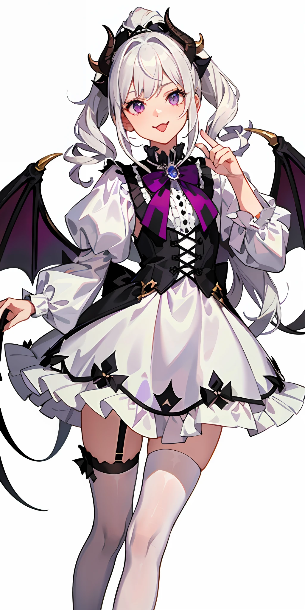 Cross-dressing boy (top quality, masterpiece, white background), white hair, fantasy costume, purple eyes, ruffled blouse, ribbon on neck, (big sheep horn 1.4), (winding angle 1.4), ponytail, aristocracy, little devil, (female brat 1.4), (tongue sticking out 1.4), cheeky, knee-high socks, (troubled look 1.4), (white clothes 1.4), devil's wings, purple jewels, black vest, miniskirt, vampire, Vampires, ruffles, long hems