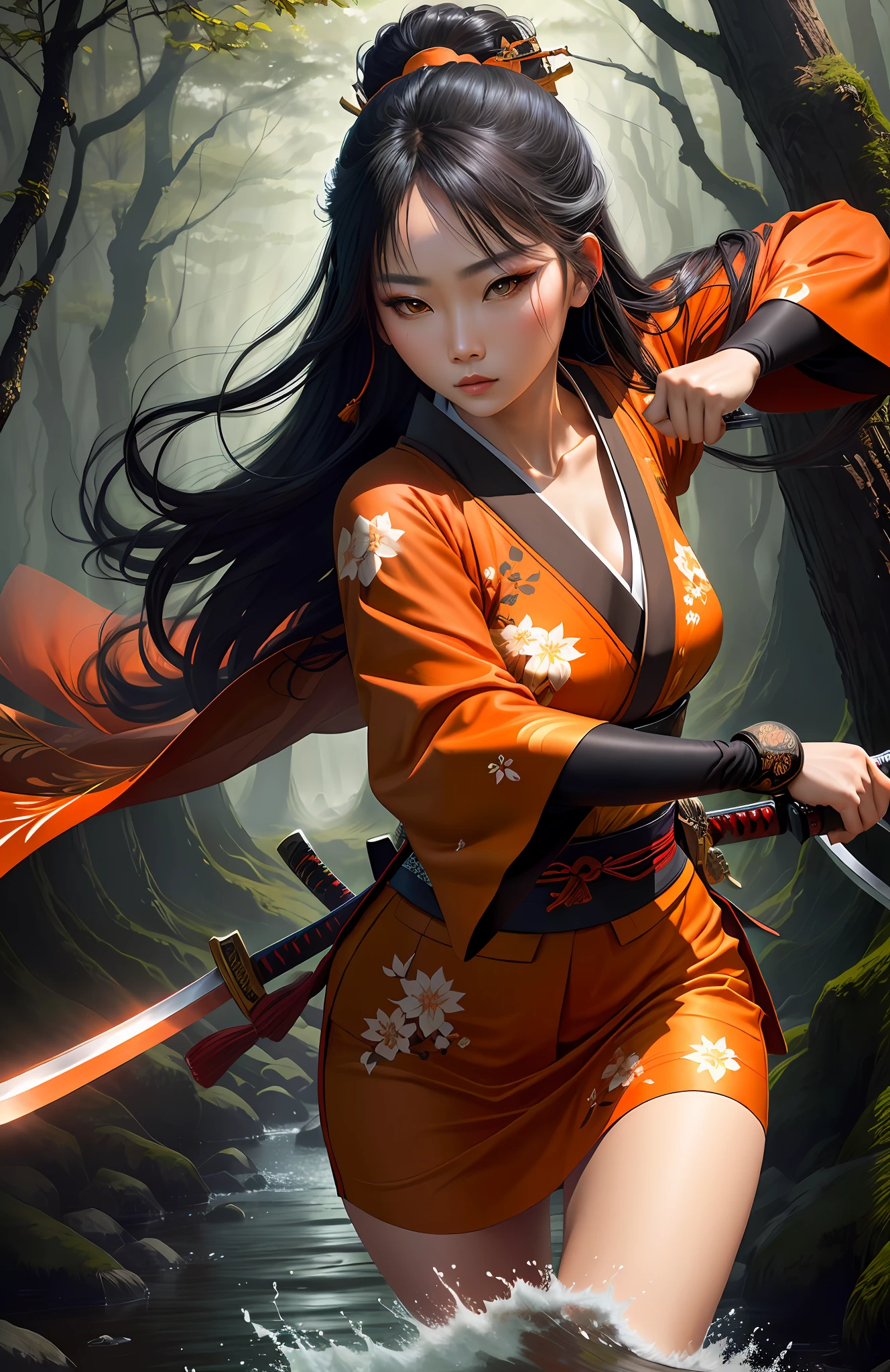 beautiful woman, asian, orange eyes, kimono, katana, effects, fighting, forest landscape, best picture, sharpness, 8k