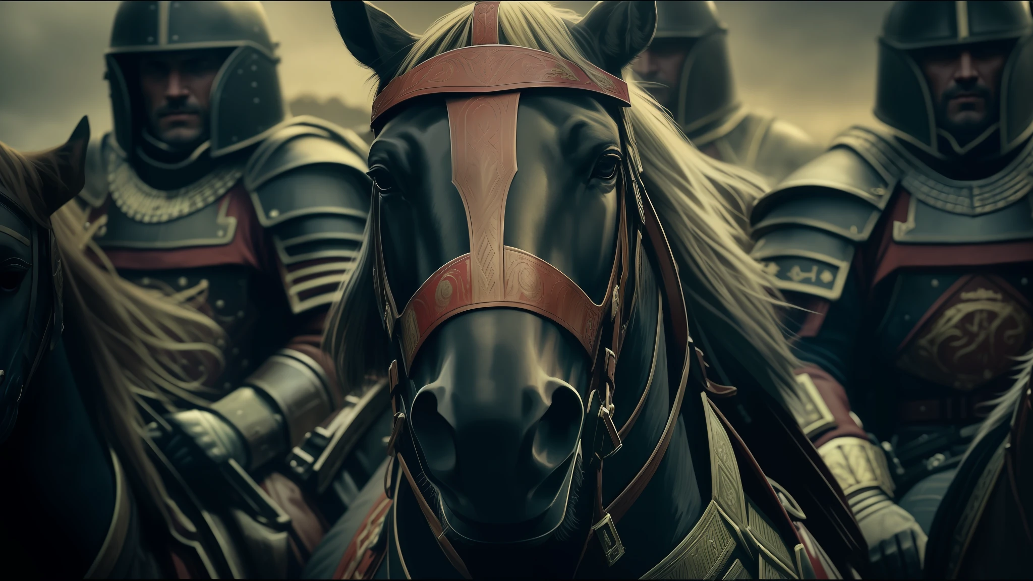 a close-up of a group of horse-mounted riders, cinematic red lighting, best of behance, unsplash 4k, tactical squads: 9, anamorphic flares, from an old 13th century, main shot animation, by Daryush Shokof, dramatic lighting. stylized, military art, (art station), still from a music video, wh 4 0 k art