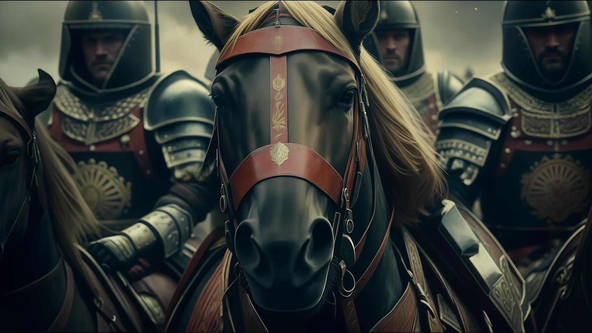 a close-up of a group of horse-mounted riders, cinematic red lighting, best of behance, unsplash 4k, tactical squads: 9, anamorphic flares, from an old 13th century, main shot animation, by Daryush Shokof, dramatic lighting. stylized, military art, (art station), still from a music video, wh 4 0 k art