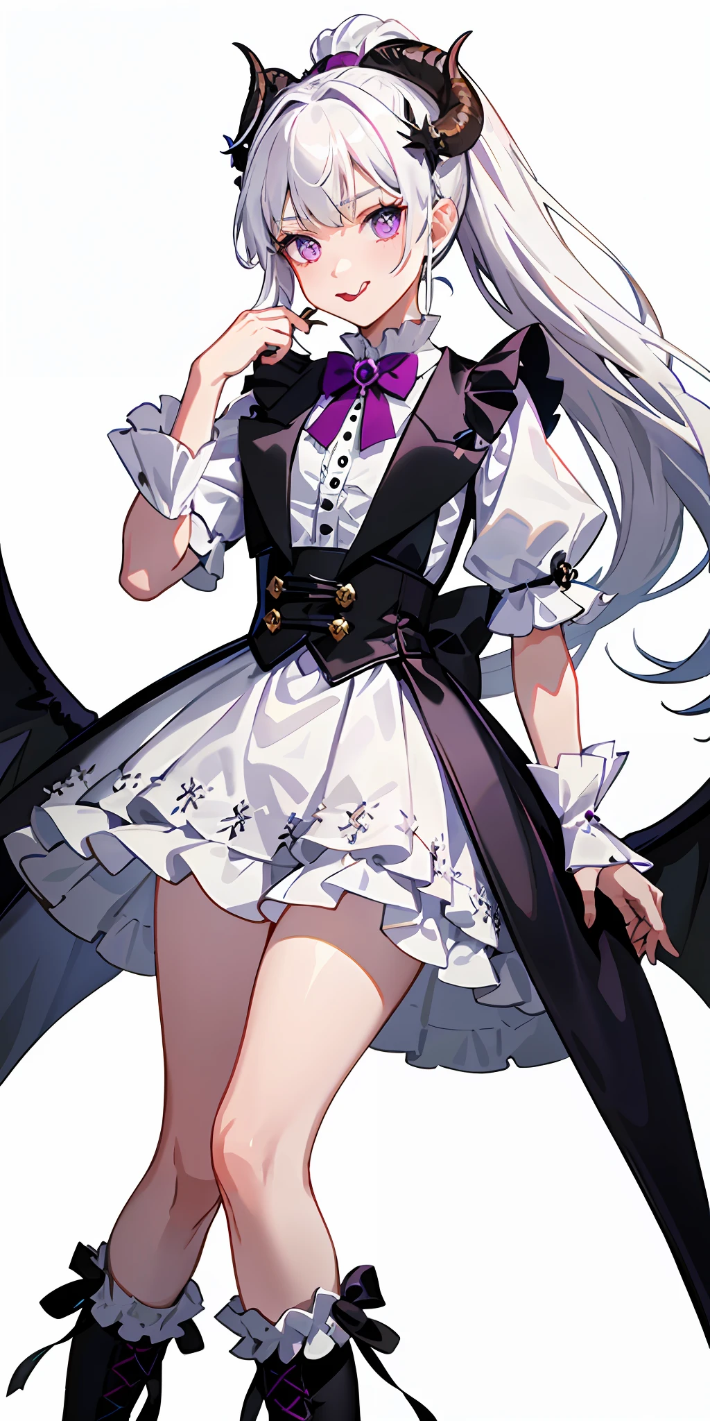 Cross-dressing boy (top quality, masterpiece, white background), white hair, fantasy costume, purple eyes, ruffled blouse, ribbon on neck, (big sheep horn 1.4), (winding angle 1.4), ponytail, aristocracy, little devil, (female brat 1.4), (tongue sticking out 1.4), cheeky, knee-high socks, (troubled look 1.4), (white clothes 1.4), devil's wings, purple jewels, black vest, miniskirt, vampire, Vampires, ruffles, long hems