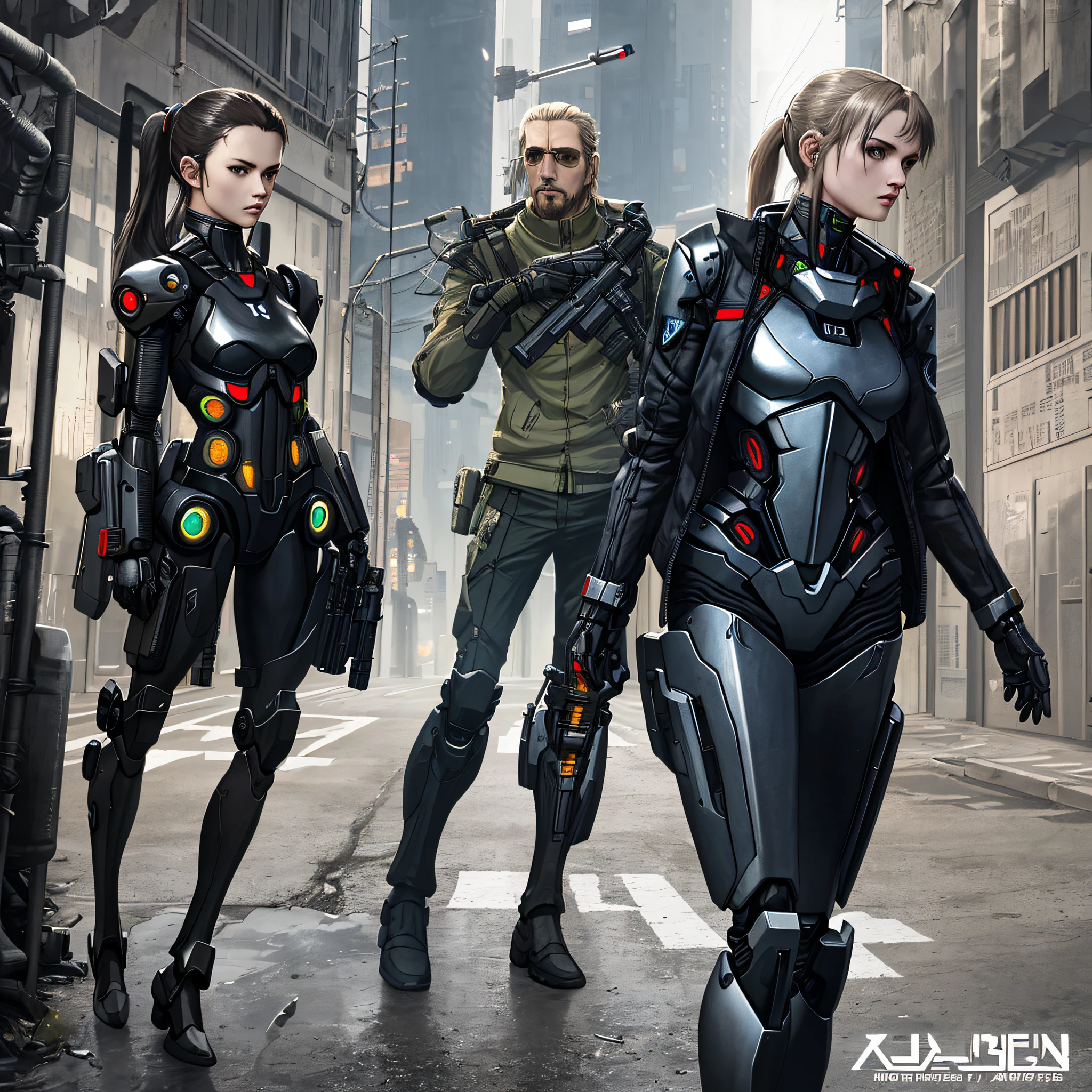 Masterpiece, Best Quality, 1 Girl, Middle, ((Album Cover)), Light on Face, Slim Body, Exoskeleton, Metal Gear, Cyberpunk Style, Ponytail, Gundam