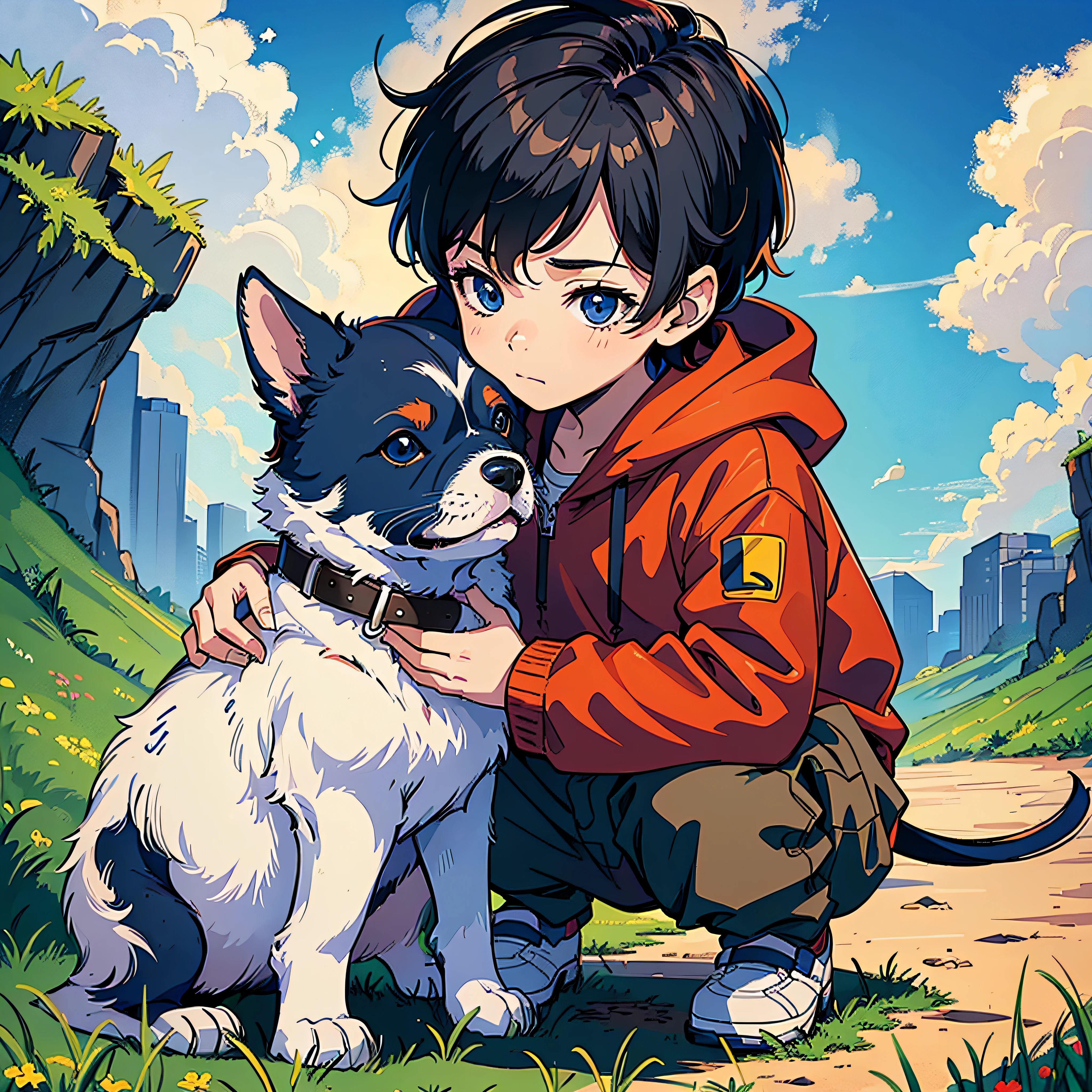 Little Boy with Puppy, (masterpiece: 1.3), (best_quality: 1.3), (ultra_detailed: 1.5), 8k, line art --auto --s2