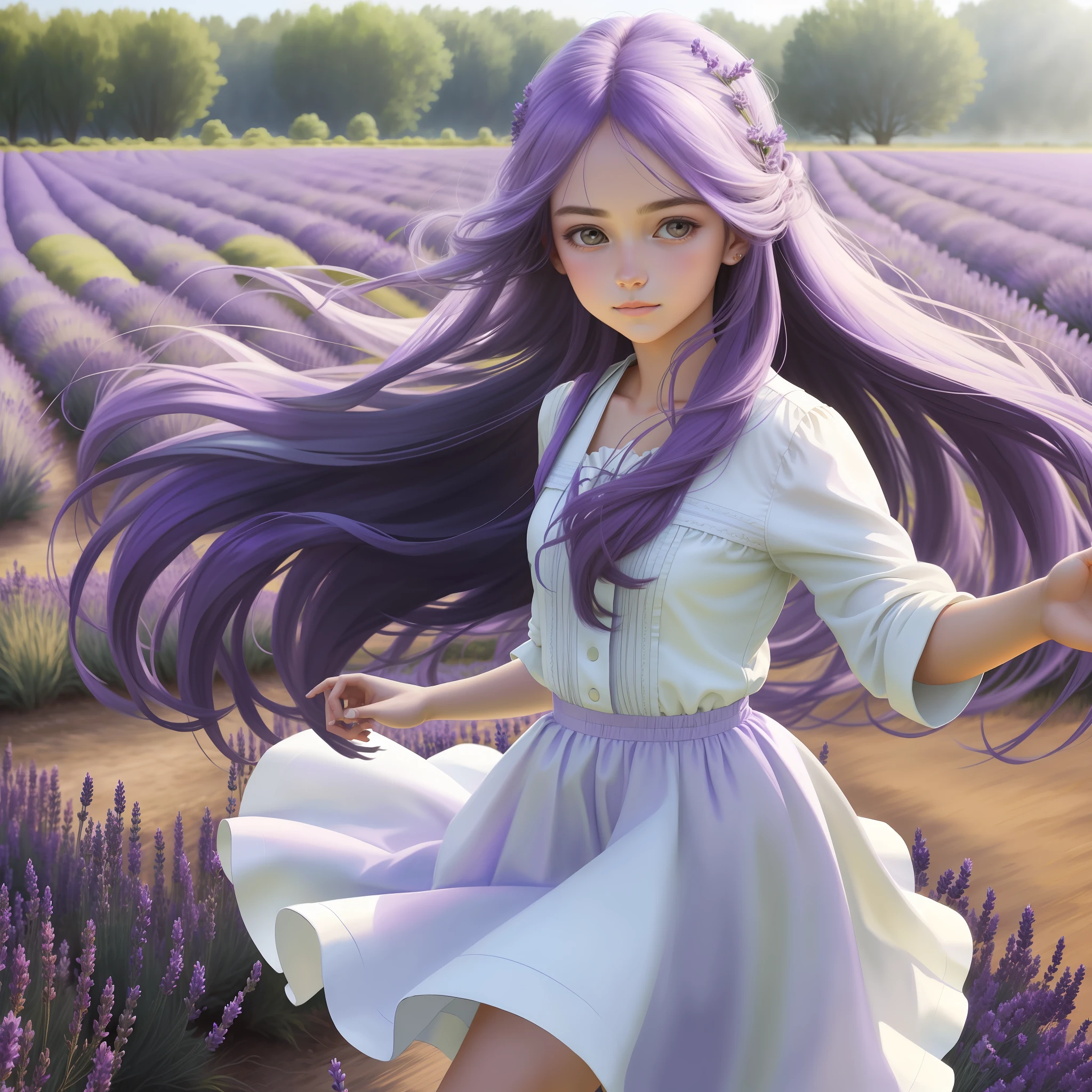 Pure beauty, lavender field, dancing, long hair