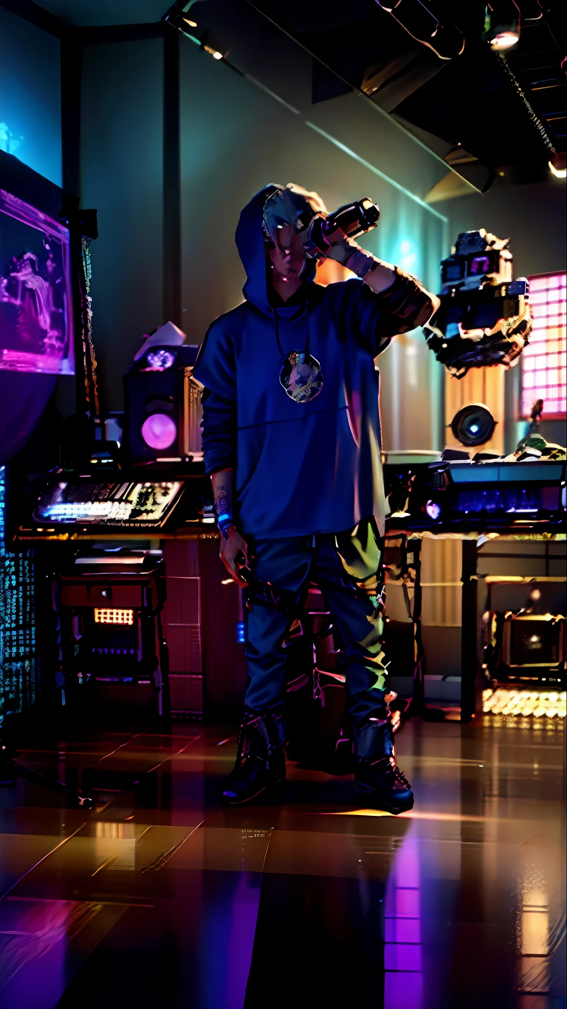 arafed man drinking a beer in a room with a desk and a computer, rapping into microphone, in his basement studio, wearing space techwear, rapping on stage at festival, rapping, wearing japanese techwear, performing on stage, taken in the early 2020s, taken in 2 0 2 0, in a studio, techwear occultist, blue eyes, badass anime, portrait, global illumination, shadows, octane render, 8k, ultra sharp, metal, intricate, ornaments detailed, perfectly drawn, perfect proportions, cold colors, lil peep, lil pump, xxxtentacion, justin bieber, marshal maters, highly intricate details, realistic light, trending on cgsociety, glowing eyes, facing camera, sicko, trending, ashy, photo from a promo shoot, end of an era, official artwork, promo image, dark walls, steampunk, punk, trapstar, album cover, white man, blue eyes, chains, rings, holding a microphone, lil peep, masked, shinobi, alternate album cover, album cover!, xxxtentacion, album art cover, album art, new album cover, yung lean, music album cover, album cover, rap album cover, colored album art, hardops, arca album cover, an album cover, album artwork, sicko, trending, anime artsyle, dark, darkness, shadows, perfect proportions, beautiful eyes, beautiful face, amazing, masterpiece, high resolution, 8k, 3d, shadows, lights, purple shades, perfectly drawn, low light room, in his basement studio, in a darkly lit laboratory room, in a dark studio room, standing in a dimly lit room, studio 4°c, studio lit, in a studio, psychedelic lighting, on stage, studio, studio ghibili, on a stage