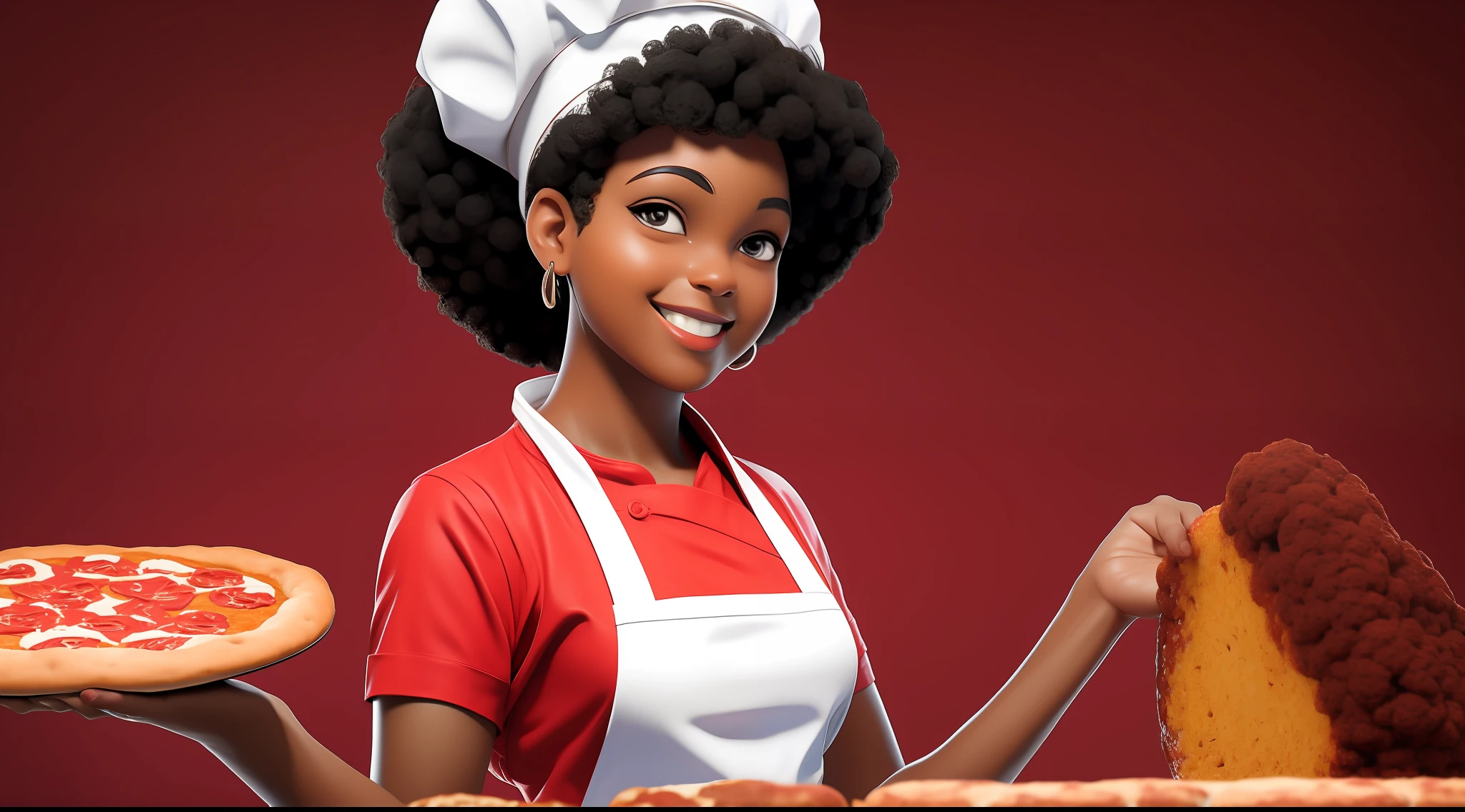 Afro Brazilian girl with touch blanche in arm color,smiling baking pizza with chef outfit Infinite red background blurred cinematographic