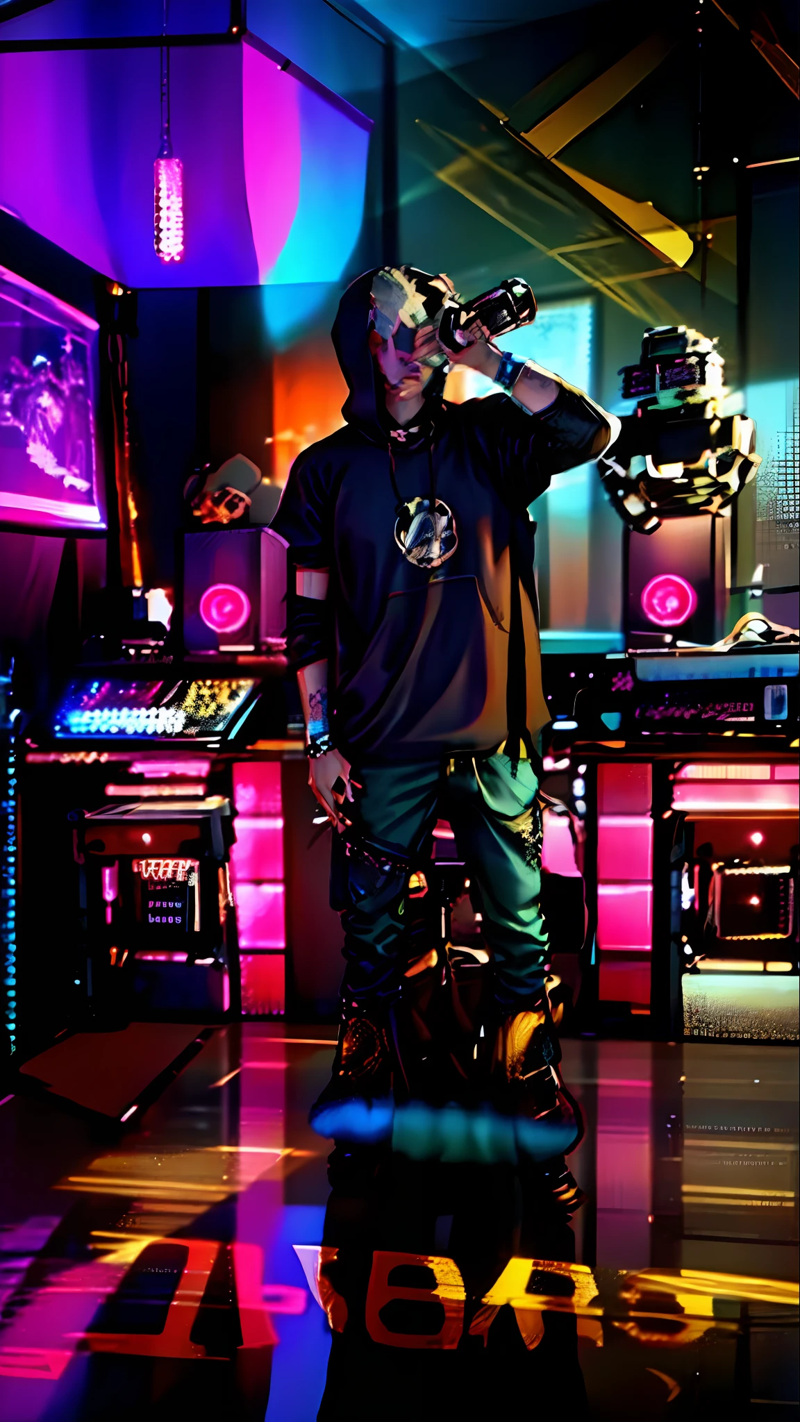 arafed man drinking a beer in a room with a desk and a computer, rapping into microphone, in his basement studio, wearing space techwear, rapping on stage at festival, rapping, wearing japanese techwear, performing on stage, taken in the early 2020s, taken in 2 0 2 0, in a studio, techwear occultist, blue eyes, badass anime, portrait, global illumination, shadows, octane render, 8k, ultra sharp, metal, intricate, ornaments detailed, perfectly drawn, perfect proportions, cold colors, lil peep, lil pump, xxxtentacion, justin bieber, marshal maters, highly intricate details, realistic light, trending on cgsociety, glowing eyes, facing camera, sicko, trending, ashy, photo from a promo shoot, end of an era, official artwork, promo image, dark walls, steampunk, punk, trapstar, album cover, white man, blue eyes, chains, rings, holding a microphone, lil peep, masked, shinobi, alternate album cover, album cover!, xxxtentacion, album art cover, album art, new album cover, yung lean, music album cover, album cover, rap album cover, colored album art, hardops, arca album cover, an album cover, album artwork, sicko, trending, anime artsyle, dark, darkness, shadows, perfect proportions, beautiful eyes, beautiful face, amazing, masterpiece, high resolution, 8k, 3d, shadows, lights, purple shades, perfectly drawn, low light room, in his basement studio, in a darkly lit laboratory room, in a dark studio room, standing in a dimly lit room, studio 4°c, studio lit, in a studio, psychedelic lighting, on stage, studio, studio ghibili, on a stage
