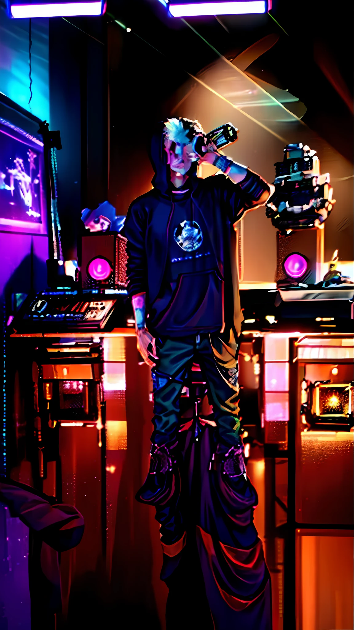 arafed man drinking a beer in a room with a desk and a computer, rapping into microphone, in his basement studio, wearing space techwear, rapping on stage at festival, rapping, wearing japanese techwear, performing on stage, taken in the early 2020s, taken in 2 0 2 0, in a studio, techwear occultist, blue eyes, badass anime, portrait, global illumination, shadows, octane render, 8k, ultra sharp, metal, intricate, ornaments detailed, perfectly drawn, perfect proportions, cold colors, lil peep, lil pump, xxxtentacion, justin bieber, marshal maters, highly intricate details, realistic light, trending on cgsociety, glowing eyes, facing camera, sicko, trending, ashy, photo from a promo shoot, end of an era, official artwork, promo image, dark walls, steampunk, punk, trapstar, album cover, white man, blue eyes, chains, rings, holding a microphone, lil peep, masked, shinobi, alternate album cover, album cover!, xxxtentacion, album art cover, album art, new album cover, yung lean, music album cover, album cover, rap album cover, colored album art, hardops, arca album cover, an album cover, album artwork, sicko, trending, anime artsyle, dark, darkness, shadows, perfect proportions, beautiful eyes, beautiful face, amazing, masterpiece, high resolution, 8k, 3d, shadows, lights, purple shades, perfectly drawn, low light room, in his basement studio, in a darkly lit laboratory room, in a dark studio room, standing in a dimly lit room, studio 4°c, studio lit, in a studio, psychedelic lighting, on stage, studio, studio ghibili, on a stage