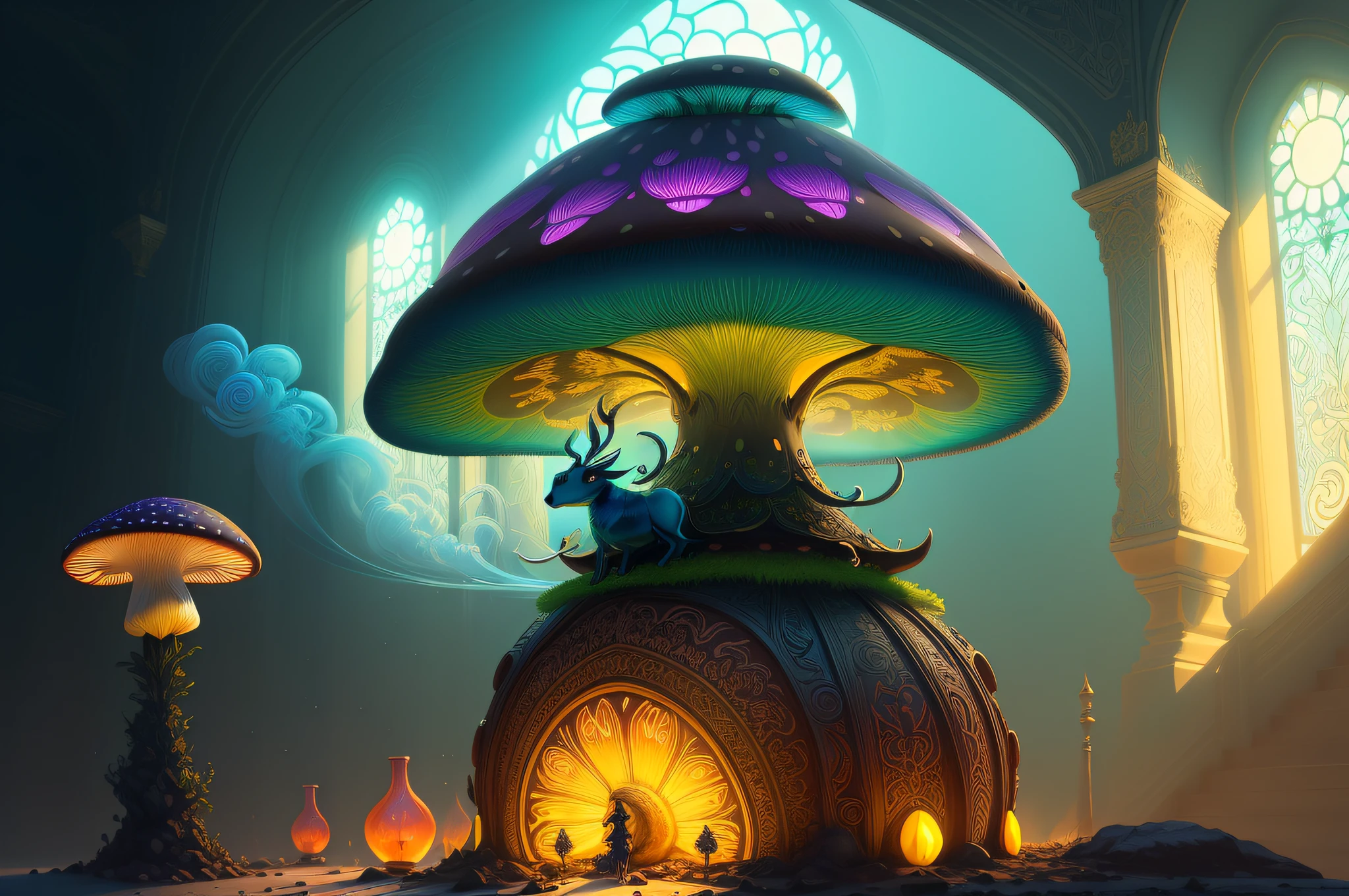 An highly detailed mushroom, neon, fluorescent, ornate, delicate details, olpntng style, glowing smoke, fantasy, sunlight, sunbeam, intricate detail. 8k, dreamlike, surrealism, super symmetrical, soft lighting, trending on artstation, intricate details, highly detailed, by ross tran, wlop, artgerm and james jean, Brian Froud, art illustration by Neimy Kanani, oil on canvas by Salvador Dali