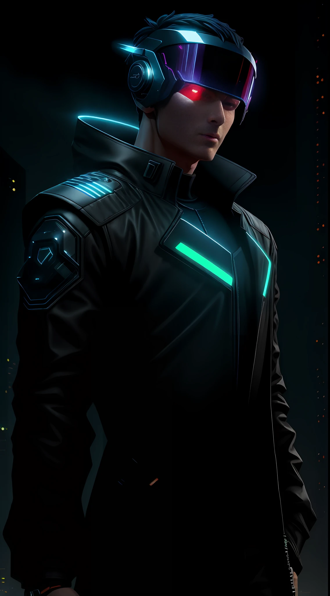 1man, lord with cybernetic pieces, shiny visor, light black short hair, techwear, big black jacket, outdoor skyscraper, neon rim light, night, rain, volumetric lighting, best quality, masterpiece, realistic