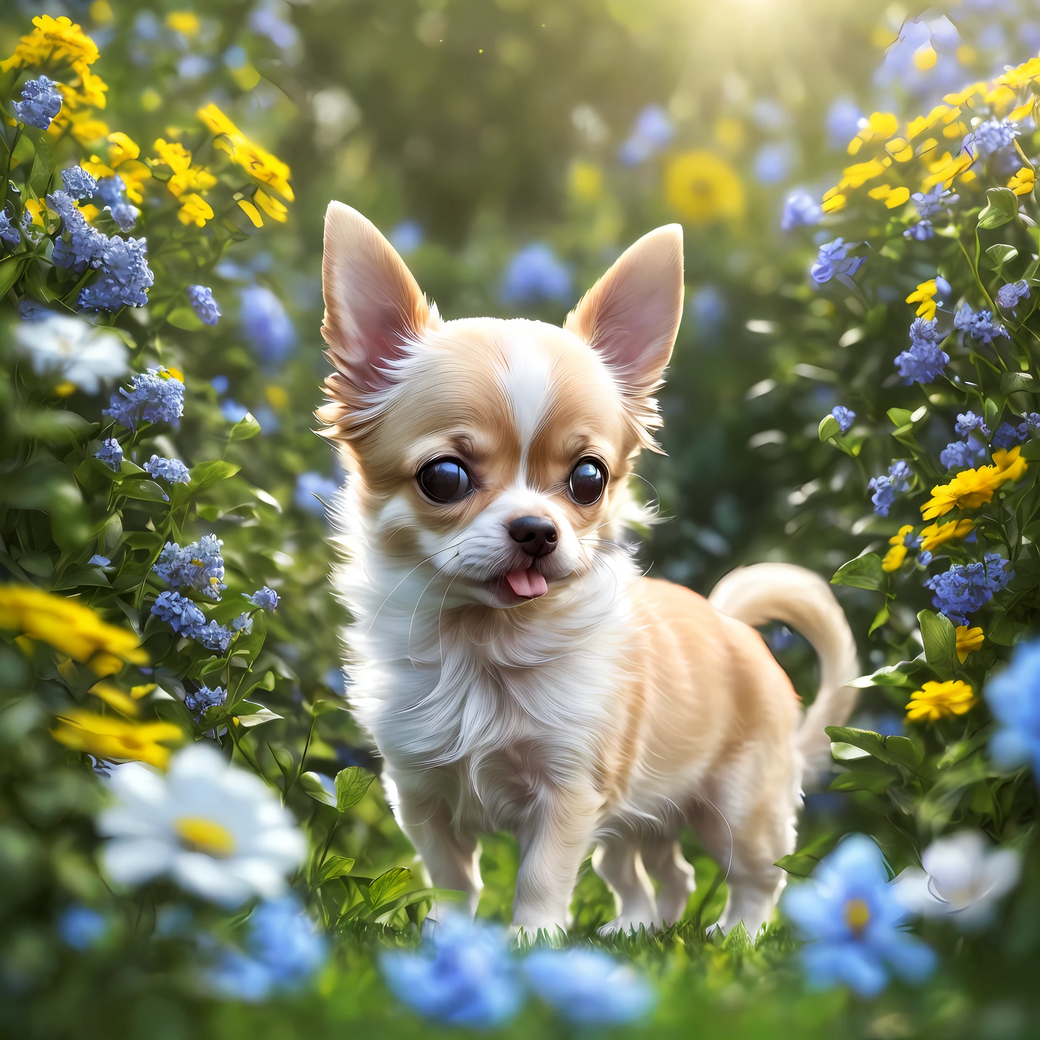 Chihuahua white and brown cute in garden, big eyes, 8k, delicate, clear, (((real)), tongue out, ((cute)), ((small)), professional photographer, professional photography, (((hair is cute)), yellow,blue and red flowers in the garden, has trees in the garden, sunlight, light leakage, Reality as photo, white, as photo --auto --s2