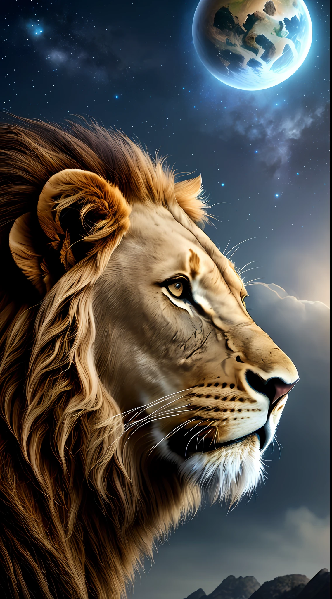 Distant photo of a seated giant male lion (realistic lion, detailed), rocks, dark night, moon, stars, universe, galaxy, nebula, planets, digital painting, art station, concept art, breathtaking, high detail, highly detailed, beautiful, shots, hyperrealism, Unreal Engine 5