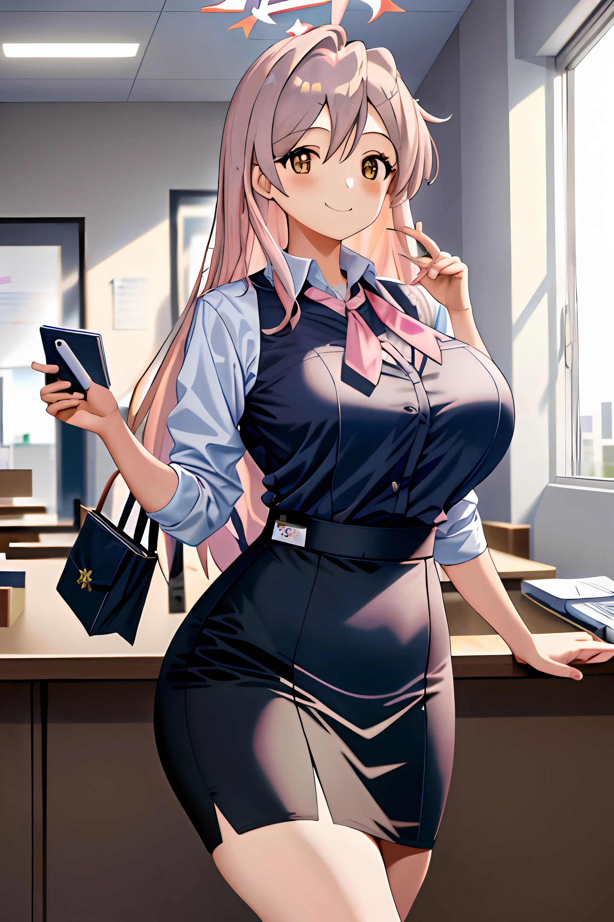 ((masterpiece, best quality)), (1 girl),((mature female)), light pink hair, halo, horn, ((office lady )),bangs,middle breast,(busty),slim,smile, [wide hips],office,standing, aru \(blue archive\),