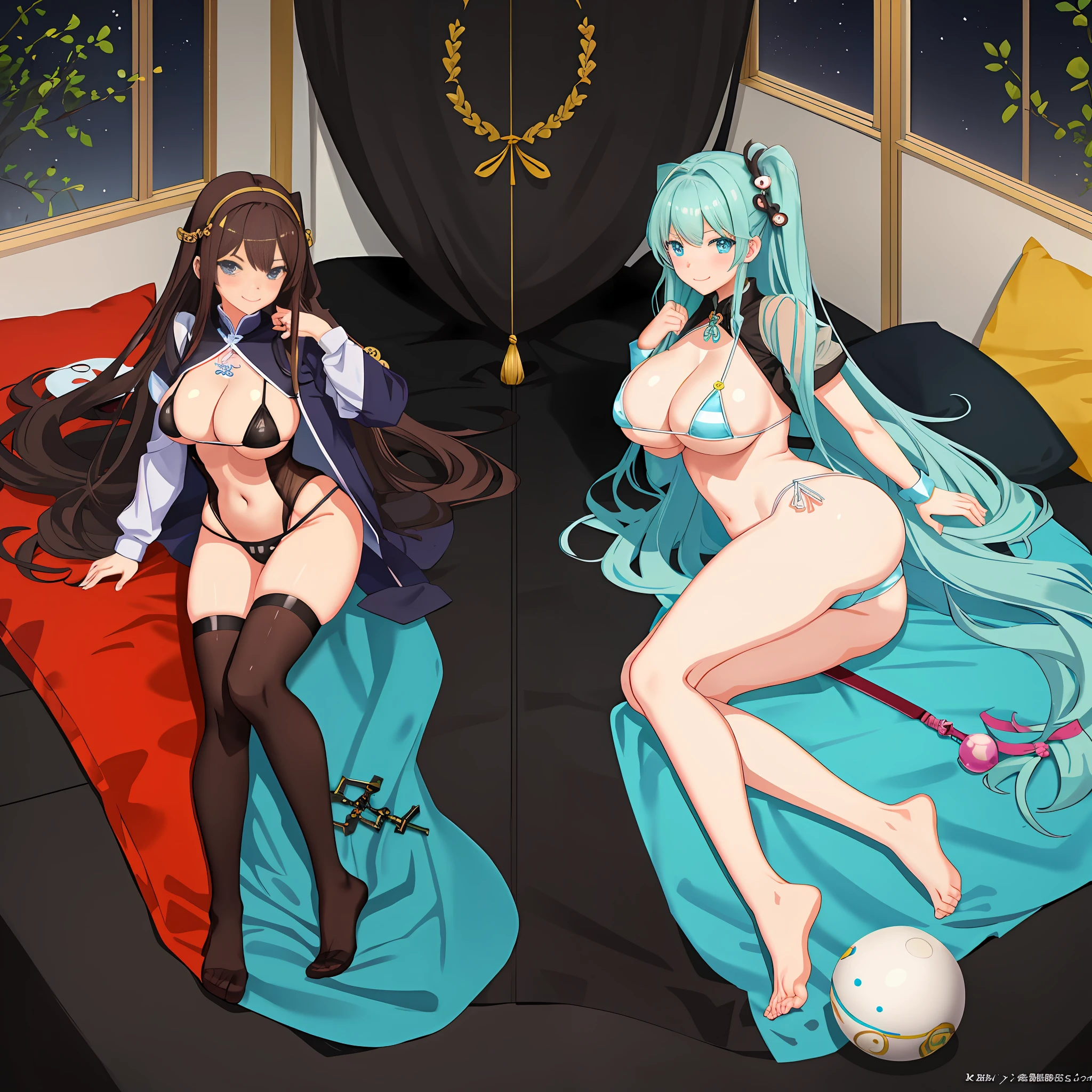 Anime girl with very big breasts and very big ass, full body Xianxia, small curvaceous , two girls, lying down, curvy, (micro bikini),(thighhigh), (smile), pixiv3dcg,, negative, pixiv, ecchi, tro potion, full body commission four, (condom), Top Rated on pixiv, Ecchi Anime Style, Seductive Anime Girl, pixiv
