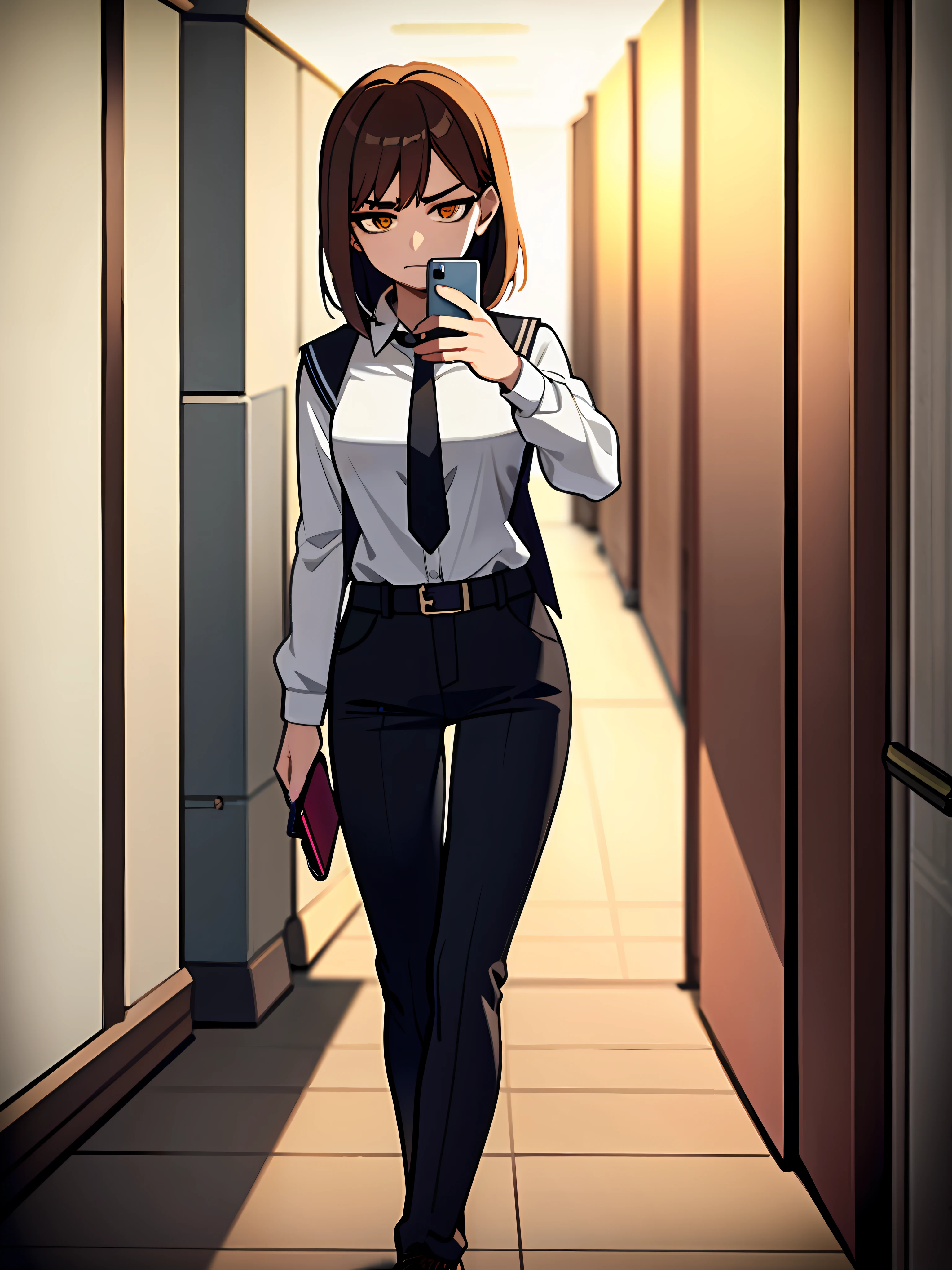 ((Dominant Emotion: Sadness, Submissive Emotion: None),(Brown Hair, Brown Eyes:0.8),(School Uniform:0.9, Casual Wear:0.1),(Half Length, Dynamic Pose:1.1),(School Background, Hallway:1.2),(Holding Phone:1.1),(Bittersweet Atmosphere, Natural Light:1.2),(Cinematic Feel, Depth of Field:0.9))