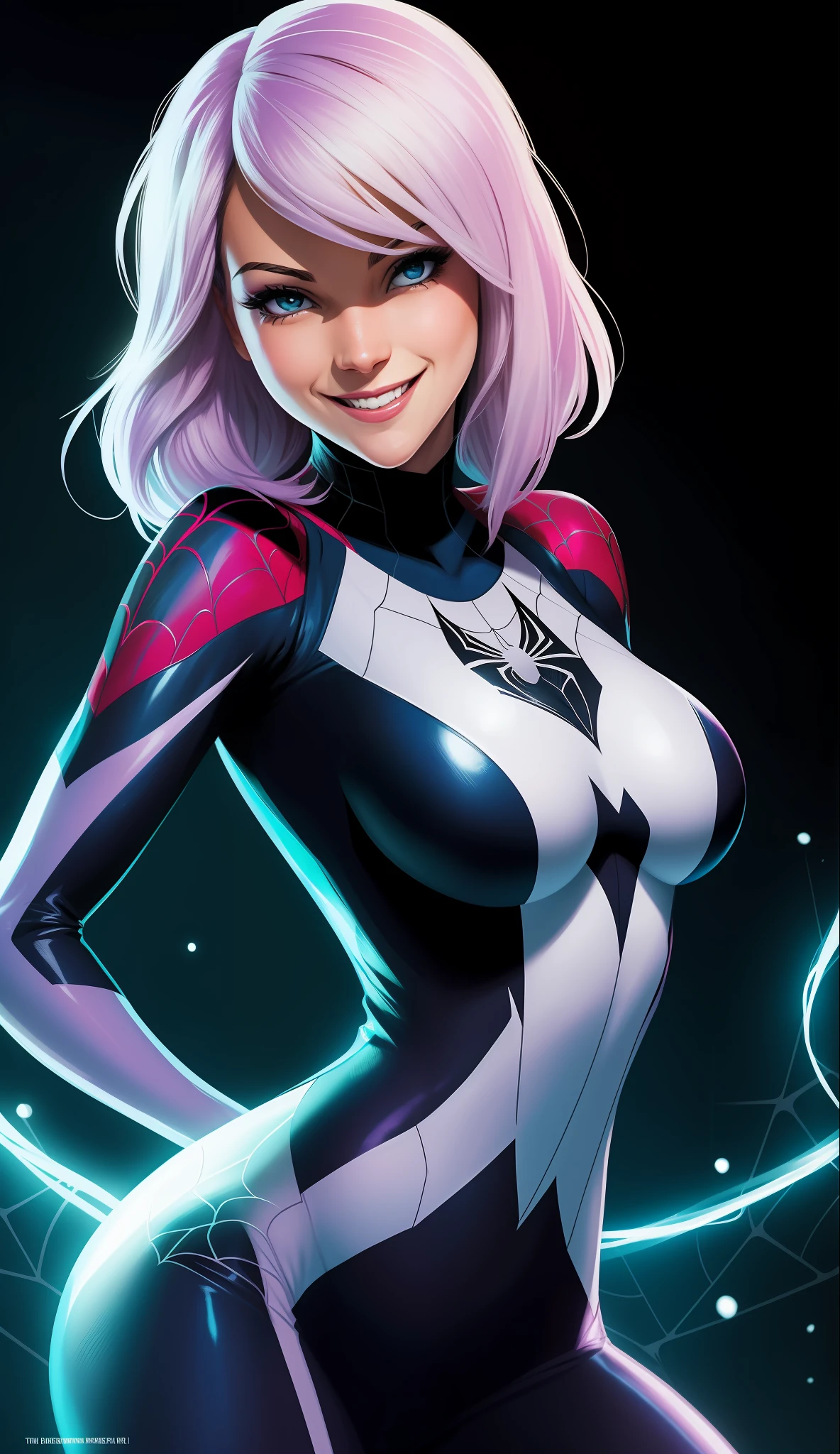 Comic portrait of a pretty Spider-gwen smiling, funny. Cinematic style, Marvel character, Hot body, sexy, sensual, Nice boobs, Glowing, realistic textures. Background in paint Comic style.