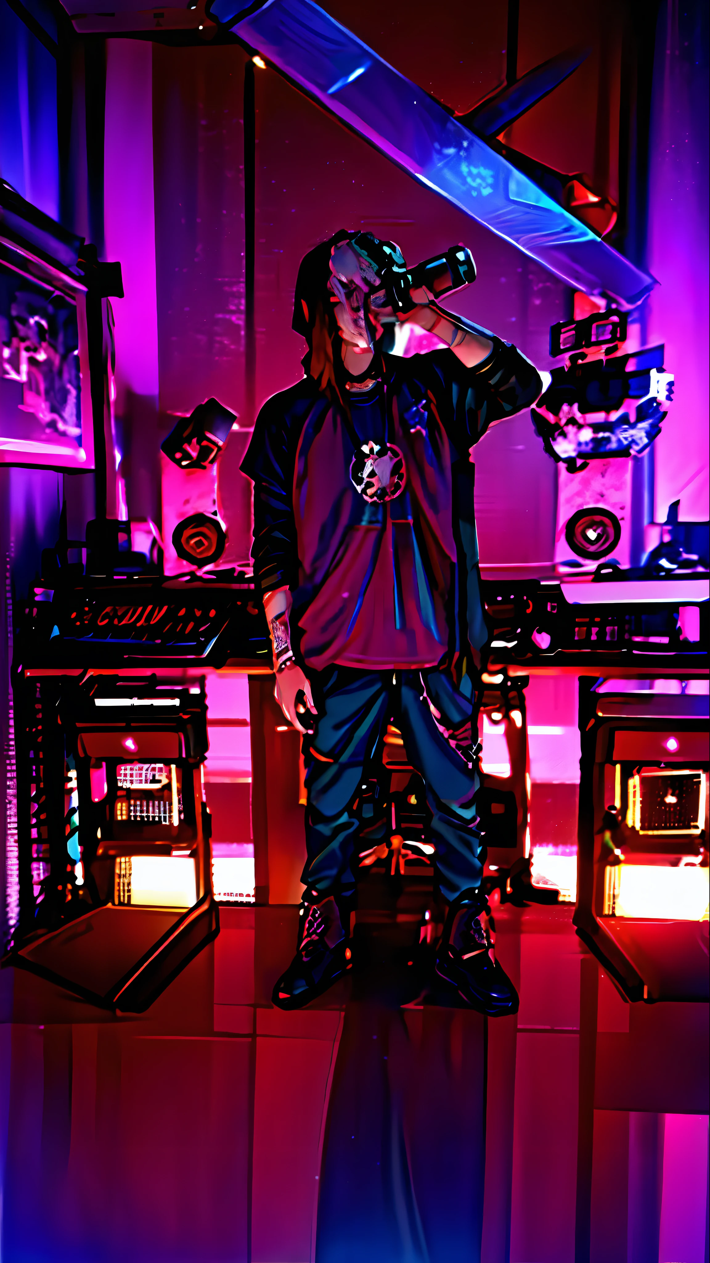 arafed man drinking a beer in a room with a desk and a computer, rapping into microphone, in his basement studio, wearing space techwear, rapping on stage at festival, rapping, wearing japanese techwear, performing on stage, taken in the early 2020s, taken in 2 0 2 0, in a studio, techwear occultist, blue eyes, badass anime, portrait, global illumination, shadows, octane render, 8k, ultra sharp, metal, intricate, ornaments detailed, perfectly drawn, perfect proportions, cold colors, lil peep, lil pump, xxxtentacion, justin bieber, marshal maters, highly intricate details, realistic light, trending on cgsociety, glowing eyes, facing camera, sicko, trending, ashy, photo from a promo shoot, end of an era, official artwork, promo image, dark walls, steampunk, punk, trapstar, album cover, white man, blue eyes, chains, rings, holding a microphone, lil peep, masked, shinobi, alternate album cover, album cover!, xxxtentacion, album art cover, album art, new album cover, yung lean, music album cover, album cover, rap album cover, colored album art, hardops, arca album cover, an album cover, album artwork, sicko, trending, anime artsyle, dark, darkness, shadows, perfect proportions, beautiful eyes, beautiful face, amazing, masterpiece, high resolution, 8k, 3d, shadows, lights, purple shades, perfectly drawn, low light room, in his basement studio, in a darkly lit laboratory room, in a dark studio room, standing in a dimly lit room, studio 4°c, studio lit, in a studio, psychedelic lighting, on stage, studio, studio ghibili, on a stage