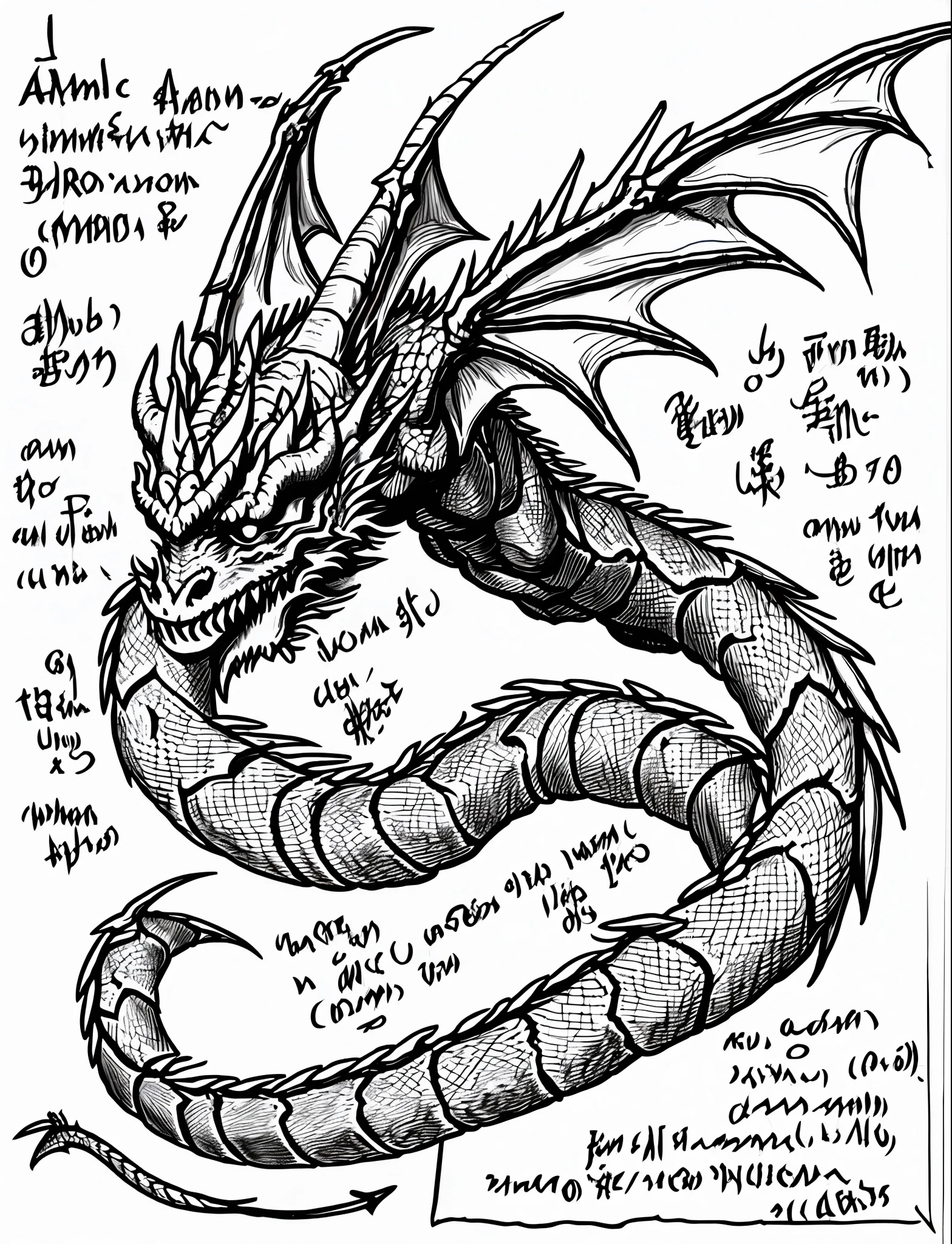 (PLAIN WHITE BACKGROUND), draft, demonic close-up (dragon incantation), anatomy, necronomicon, scribbled, handwritten text,