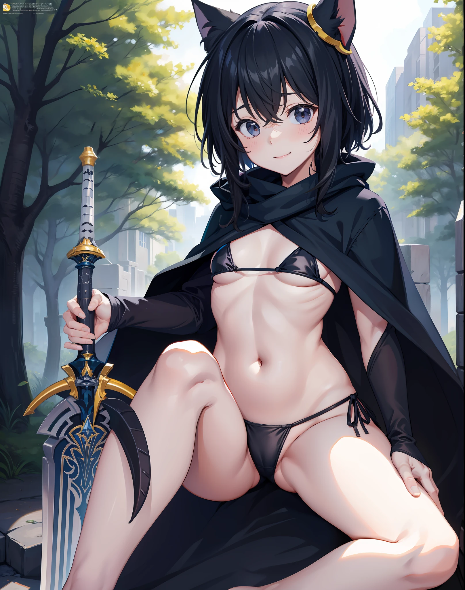Fantasy, 1 tiny_ Girl, ()++, 10yoender_child, cat_ears, Cape,Outdoor,bikini, Shy, (bare_groin,bare_waist)++, hold_huge_sword_hilt, Solo, Thighs, covered_,apart_legs, smile, happy, black_hair, navel_naked, slender_legs,tiny_slender_thighs,
