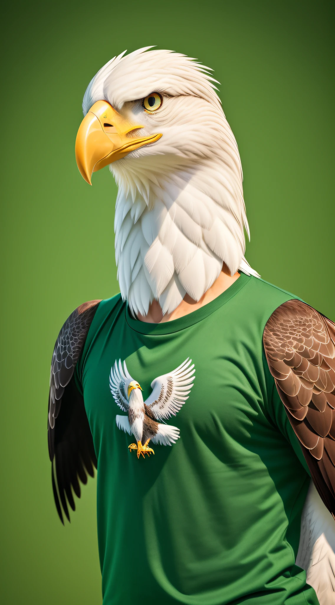 highly detailed realistic photography, anthropomorphic white eagle with human body in a basic green shirt standing with nothing in the background, pouring suit, blasé, suit, eagle man, eagle man, epic portrait, anthropomorphic, green shirt, human body, wearing a green blouse, green t-shirt, in green t-shirt, the bird is wearing a green shirt, ultra realistic image, digital art animal photo, portrait, movie poster character sharpness, blurry background