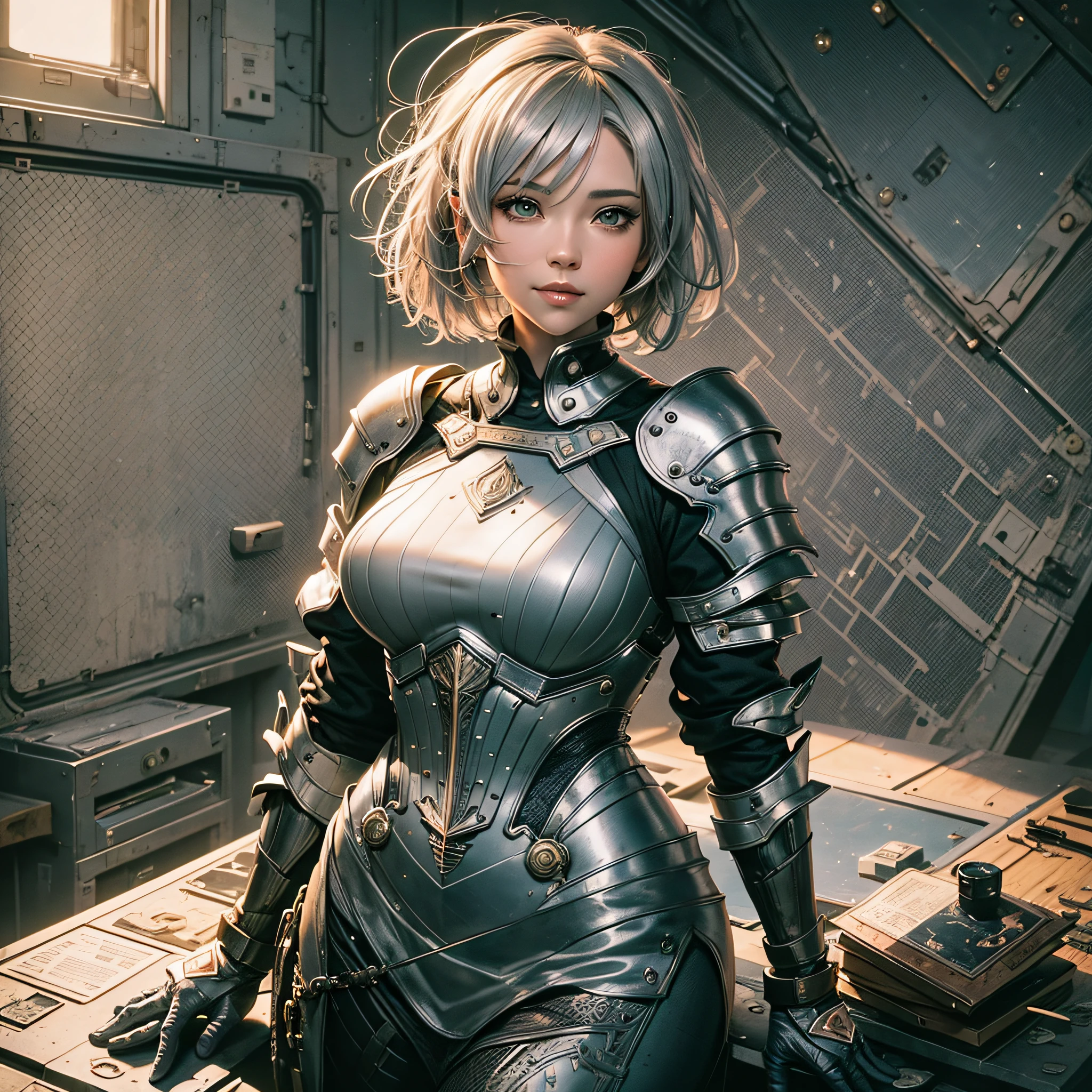 Full body, gray hair, (Dragoon: 1.2), Brant Bang, masterpiece, top quality, official art, very elaborate CG Unity 8K wallpaper, for girls, ultra high resolution, (photorealistic: 1.4), golden hour lighting, sweater dress, (upper body), (platinum shorthair: 0.8), (puffy eyes), looking at the viewer, frontal, smile, medium breasts, shirt lift, Gloves, shorthair --auto --s2