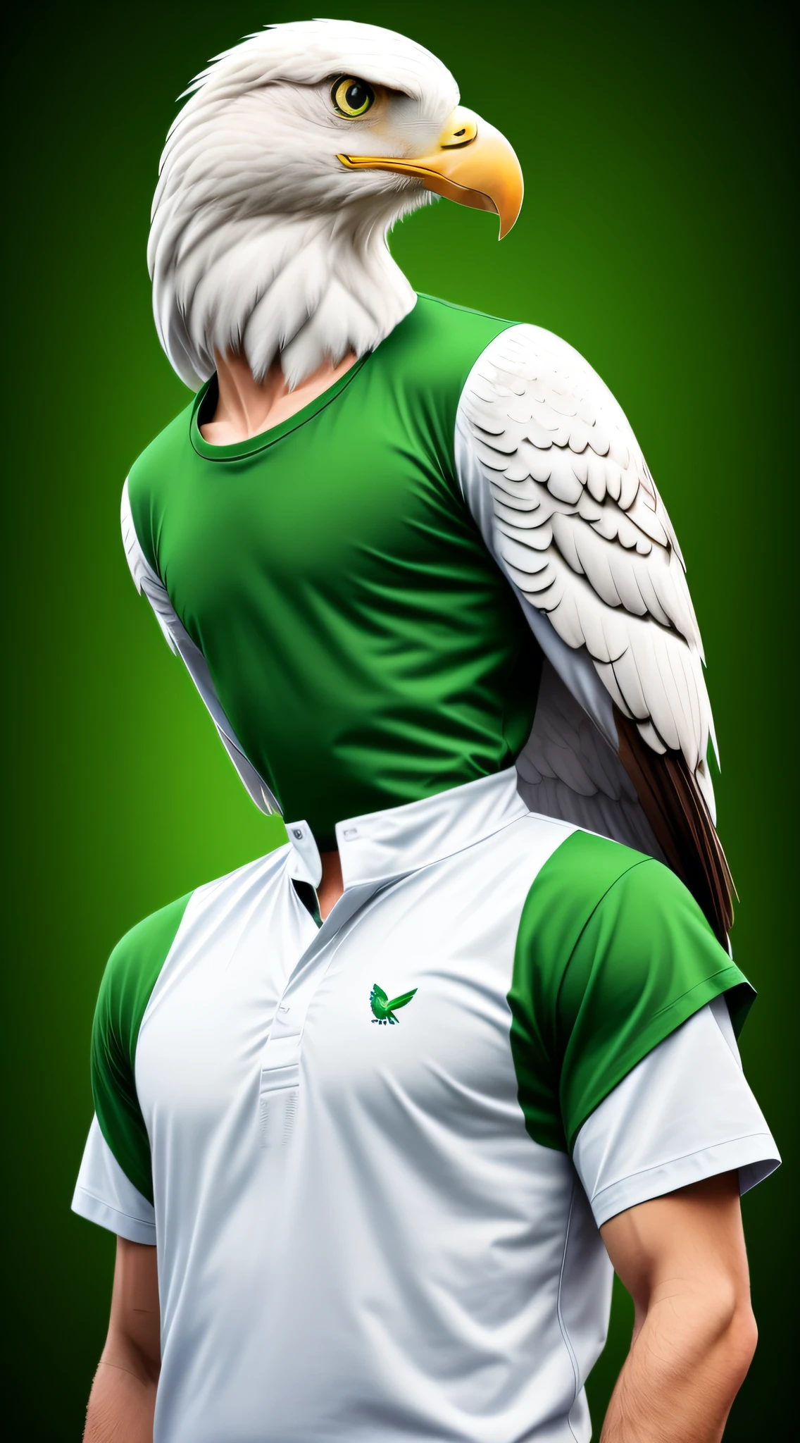 highly detailed realistic photography, anthropomorphic white eagle with human body in a basic green shirt standing with nothing in the background, pouring suit, blasé, suit, eagle man, eagle man, epic portrait, anthropomorphic, green shirt, human body, wearing a green blouse, green t-shirt, in green t-shirt, the bird is wearing a green shirt, ultra realistic image,  digital art animal photo, portrait, movie poster character sharpness, blurry background