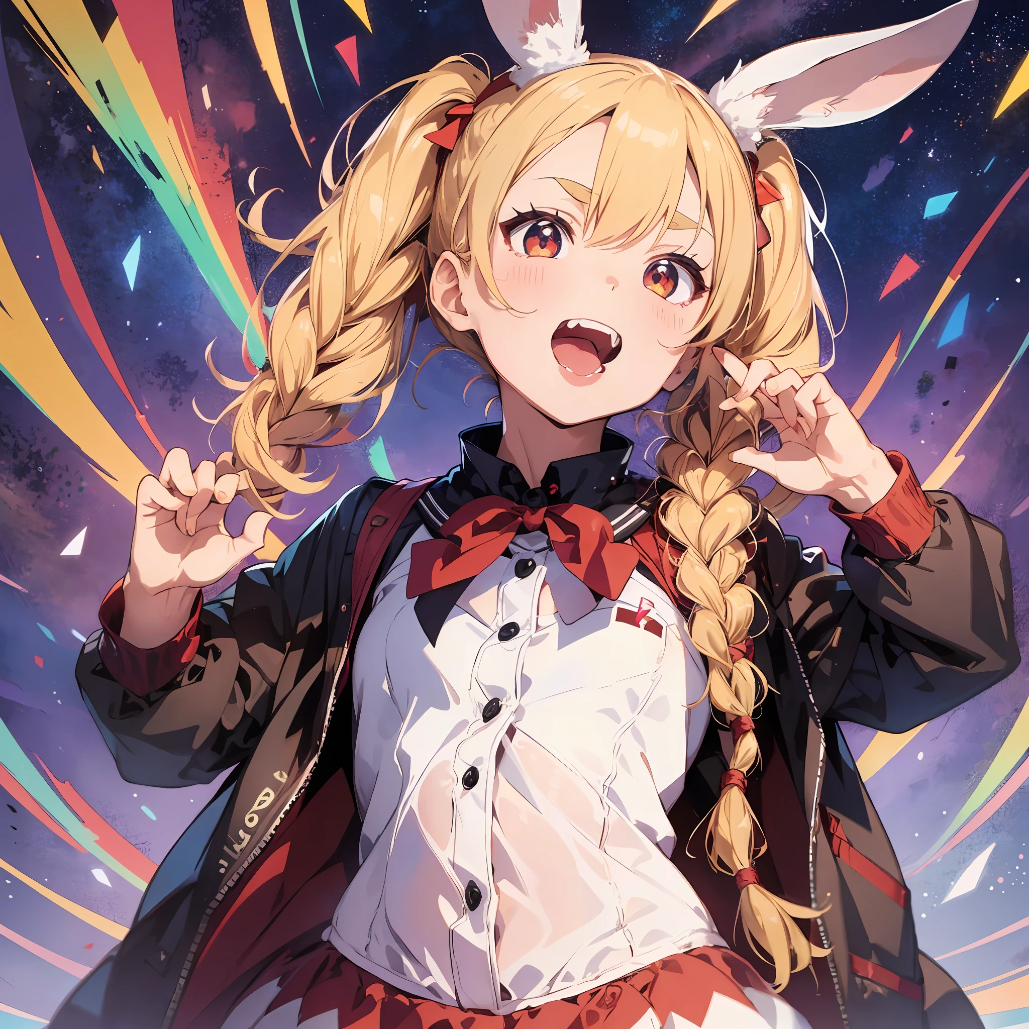 Show the back of the throat, stick out your tongue, open your mouth wide, double teeth, fangs, rainbow background, red sailor suit, rabbit ears, movie lighting, thick eyebrows, small, pigtails, beautiful blonde, braid, (masterpiece), ((highest quality)), (super detailed), glossy skin, full body anime girl, clean and detailed anime face, high resolution anime eyes, five fingers, textile shading, perfect human structure, perfect ???????,