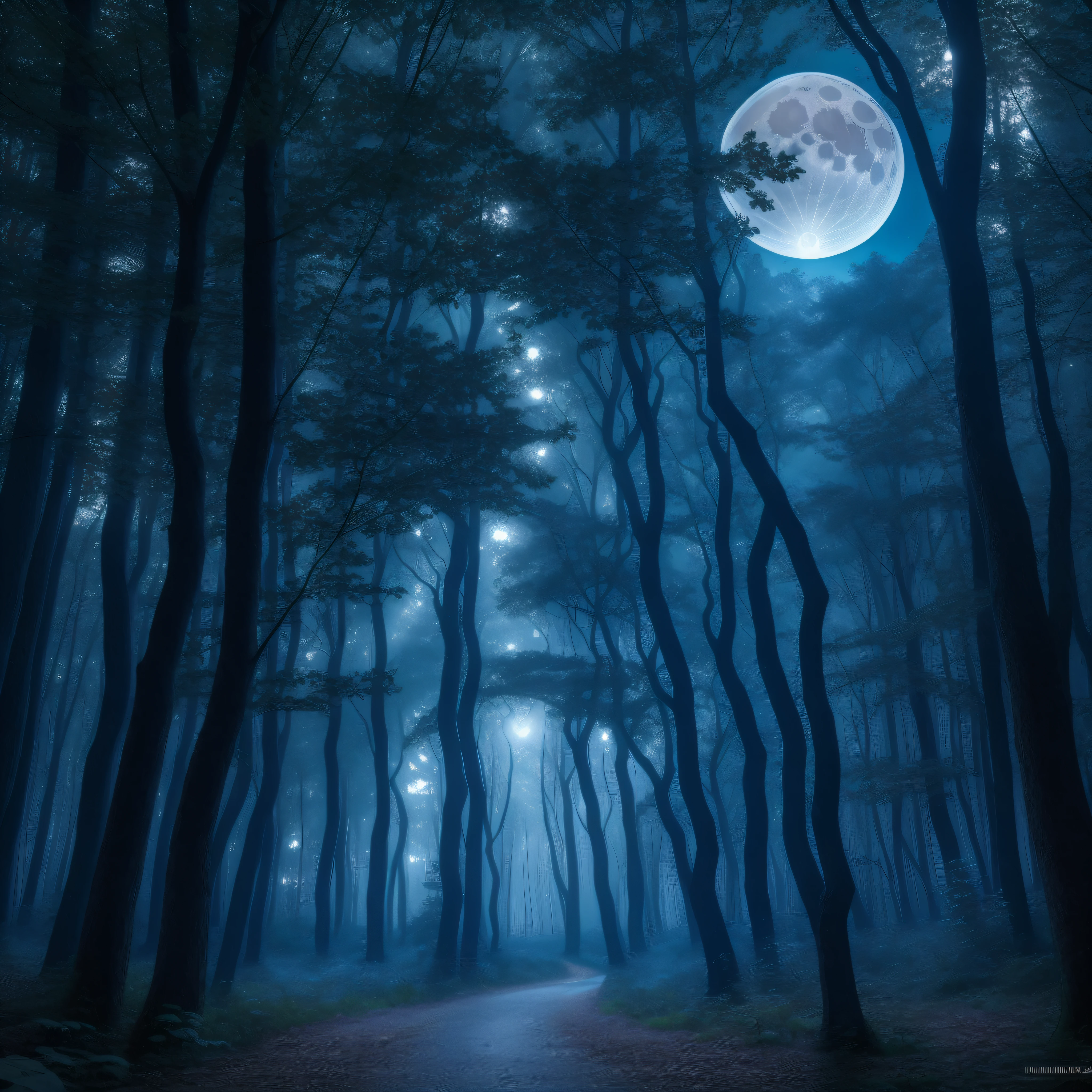 a Blue Forest with a large full moon in the sky, dynamic lighting, chiaroscuro, hyperrealism, luminism, HD, very detailed, 4k, 8k, shot on a Nikon Z7 II and Nikon NIKKOR Z 105mm f/2.8 VR S, best quality