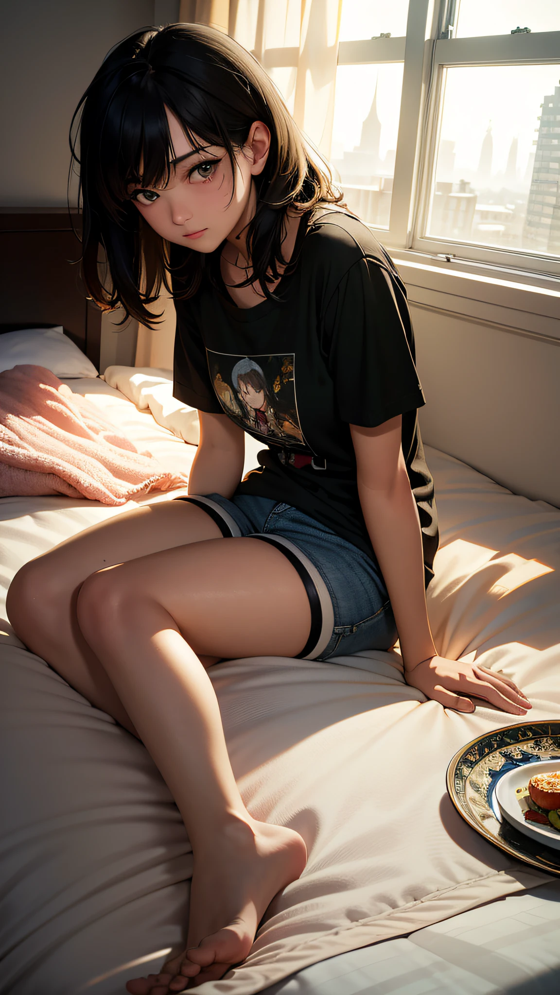 ((masterpiece)),((best quality)),((ultra detailed)),((photorealistic)),pov,(bedroom),morning,(sunlight),window,closed curtains,cloudy sky,cityscape,1girl,black eye,medium hair,black hair,((messy shirt)),plate shorts,(sitting on bedroll),(scratching cheek),(waking up),full body,floor,hdr