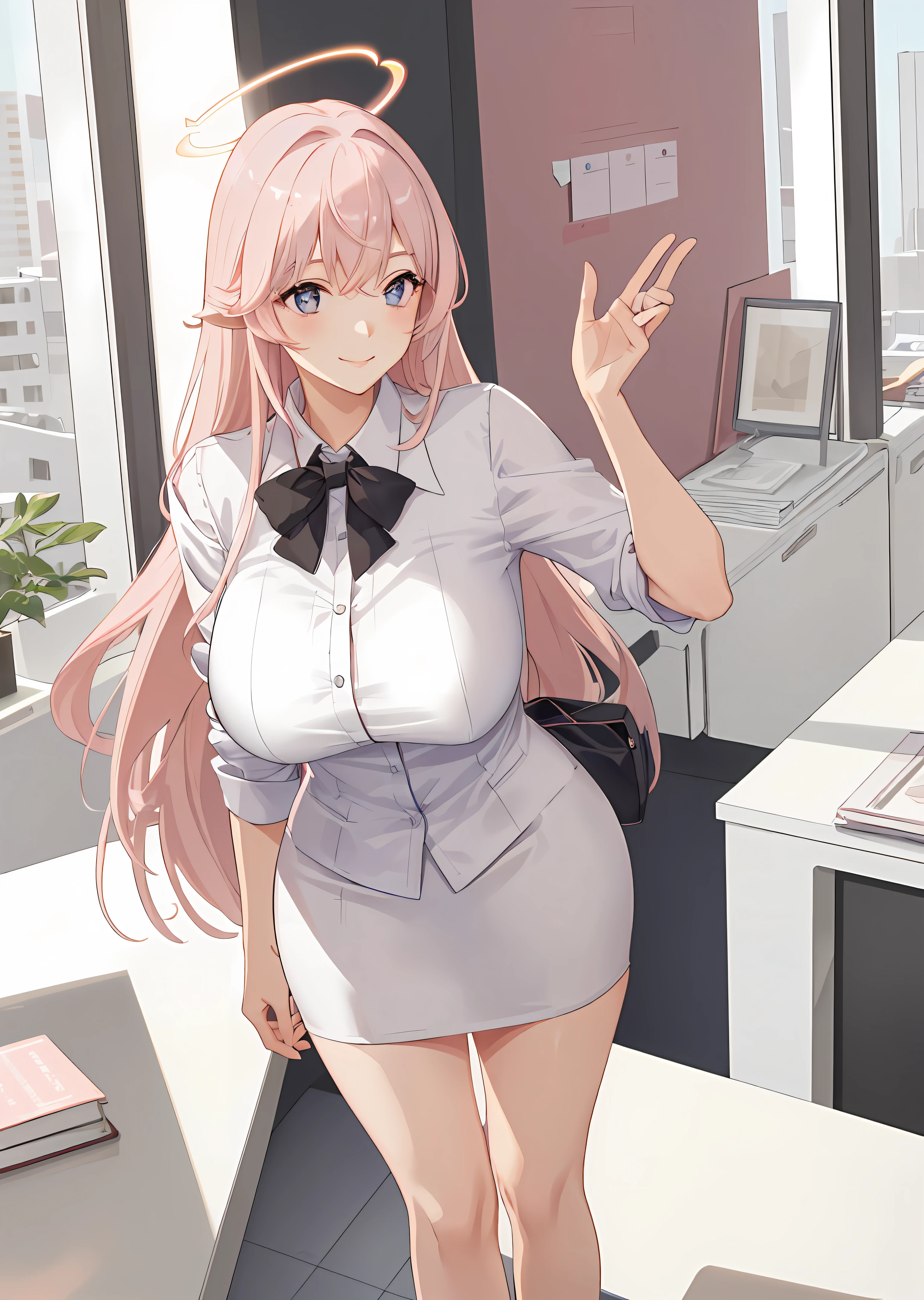 ((masterpiece, best quality)), (1 girl),((mature female)), light pink hair, halo, horn, ((office lady )),bangs,middle breast,(busty),slim,smile, [wide hips],office,standing, aru \(blue archive\),