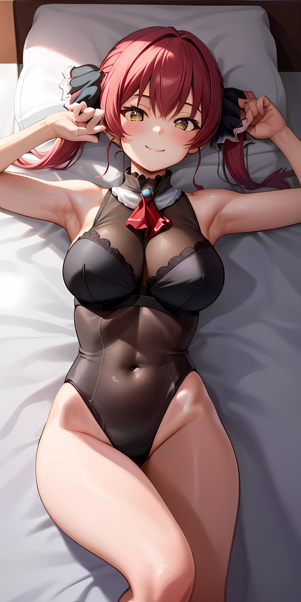 1girl, solo, Houshou Marine, long twintails, hair ribbon, large breasts, thighs, naked, (leotard:1.2), lying on bed, smiling