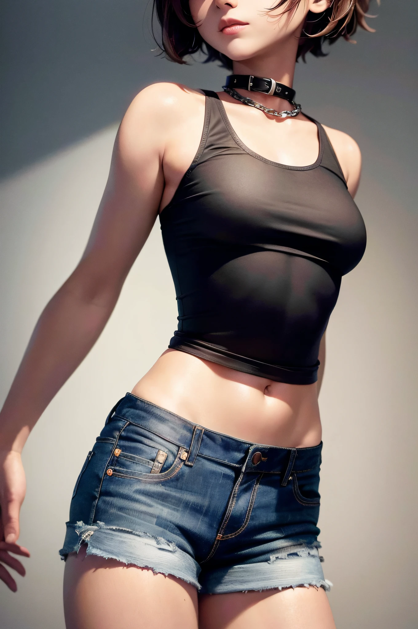 ((Medium, Tomboy, Small Head)), (Perfect Body: 1.1), (Short Wavy Hair: 1.2), Reddish Brown, Collar, Chain, Full Body Shot, Crowded City, Black Tank Top, Jeans Jacket, (Shorts), (Very Elaborate CG 8K Wallpaper), (Very Delicate and Beautiful), (Masterpiece), (Best Quality): 1.0), (Ultra High Definition: 1.0), Beautiful lighting, perfect lightning, Realistic Shadows, High Resolution, Detailed Skin, Super Detail ((Colorful)), Naked