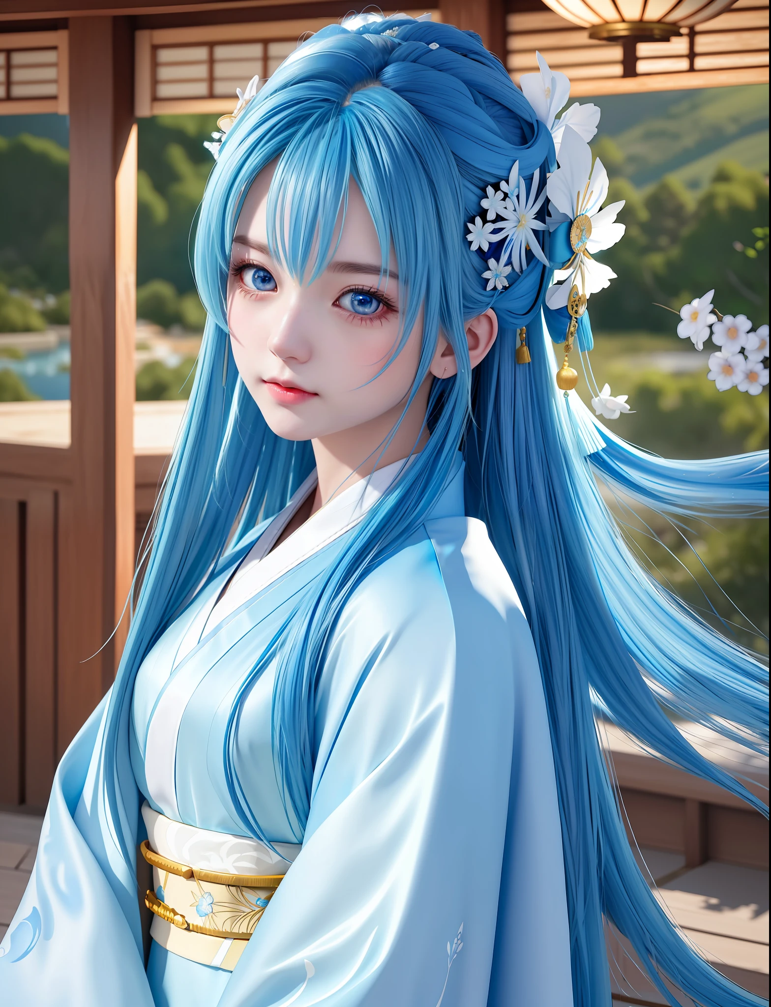 ((Best Quality)), ((Masterpiece)), ((Realistic Cartoon)), ((Blue Hair and White Kimono)): a breathtaking realistic and cinematic illustration of a beautiful Japanese Aqua girl from the Konosuba anime with long blue hair and blue eyes wearing a white kimono. The digital art features ultra-detailed hair, expertly lit with dynamic lighting that creates a dramatic effect. Even the smallest details of the girl's eyes are expertly rendered, with hyper-detailed coloring and texture that bring them to life. The intricate details of the kimono's fabric and designs are also expertly rendered for a stunning visual experience that is truly a masterpiece. Scenic, masterpiece.