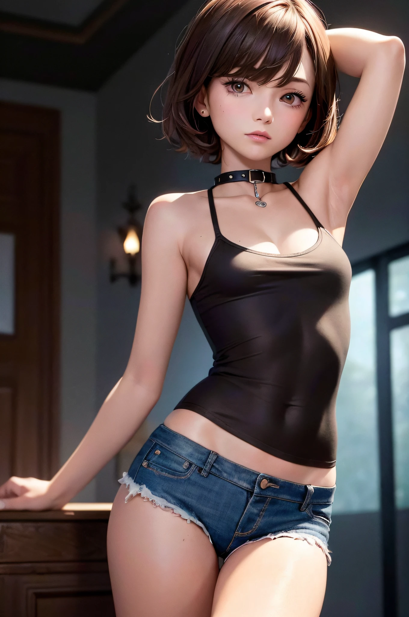 ((Medium, Tomboy, Small Head)), (Perfect Body: 1.1), (Short Wavy Hair: 1.2), Reddish Brown, Collar, Chain, Full Body Shot, Crowded City, Black Tank Top, Jeans Jacket, (Shorts), (Very Elaborate CG 8K Wallpaper), (Very Delicate and Beautiful), (Masterpiece), (Best Quality): 1.0), (Ultra High Definition: 1.0), Beautiful lighting, perfect lightning, Realistic Shadows, High Resolution, Detailed Skin, Super Detail ((Colorful)), Naked