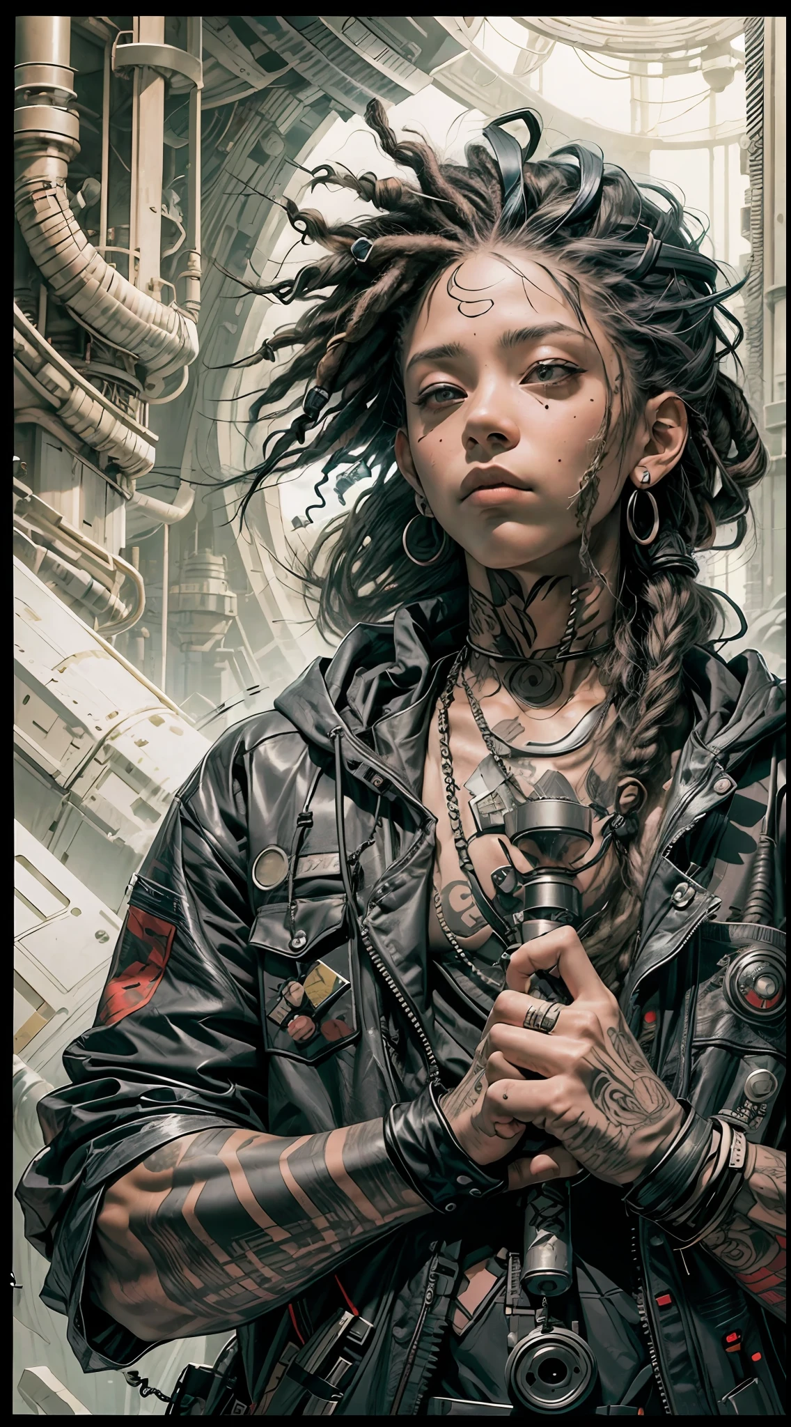 raw photo,fisheye(rapper with dread hair, tattoos,mechanic arms)techwear jacket,hood,black and white clothes,very detailed,cinematic,glow,ultra sharp,particles