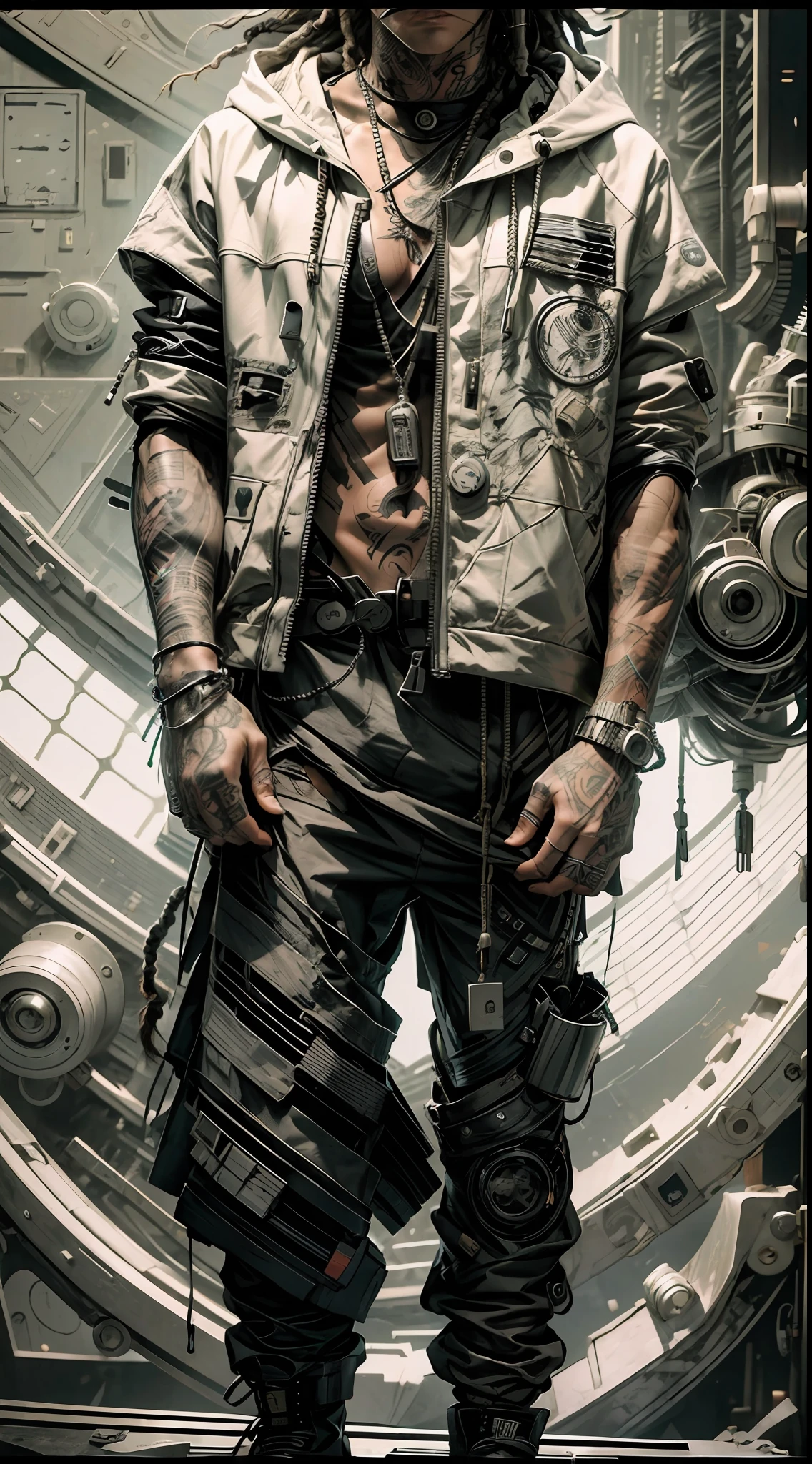 raw photo,fisheye(rapper with dread hair, tattoos,mechanic arms)techwear jacket,hood,black and white clothes,very detailed,cinematic,glow,ultra sharp,particles